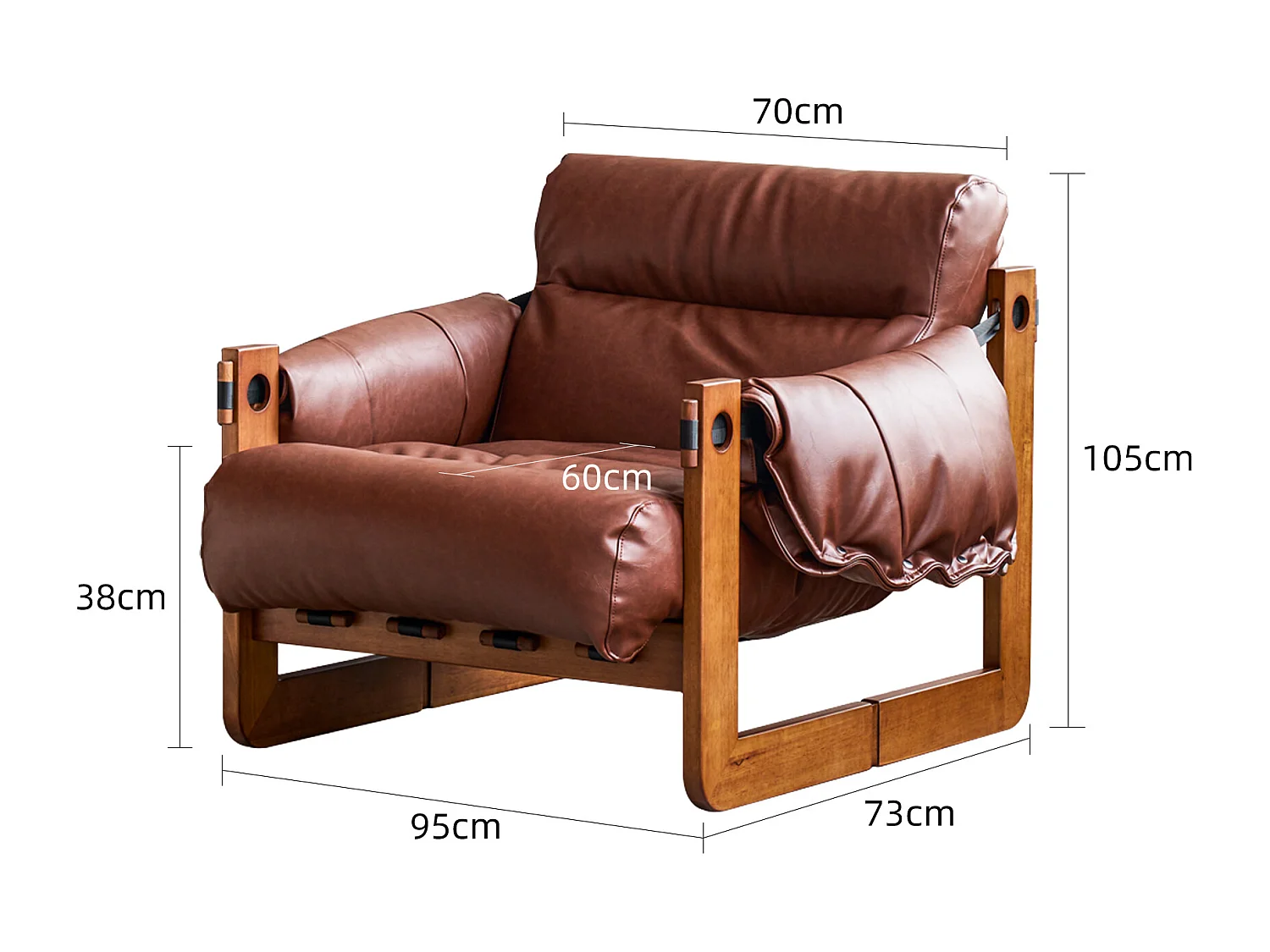 Fauteuil avec accoudoirs et pieds en bois massif, fauteuil lounge en cuir PU, fauteuil de lecture vintage, fauteuil relax pour salon et chambre, marron