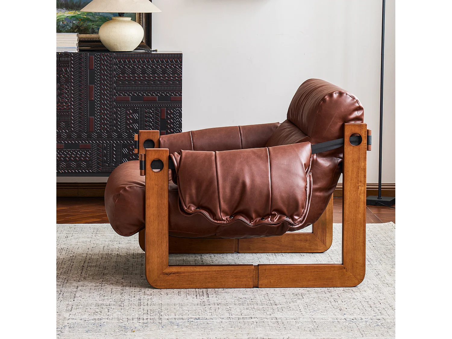 Fauteuil avec accoudoirs et pieds en bois massif, fauteuil lounge en cuir PU, fauteuil de lecture vintage, fauteuil relax pour salon et chambre, marron