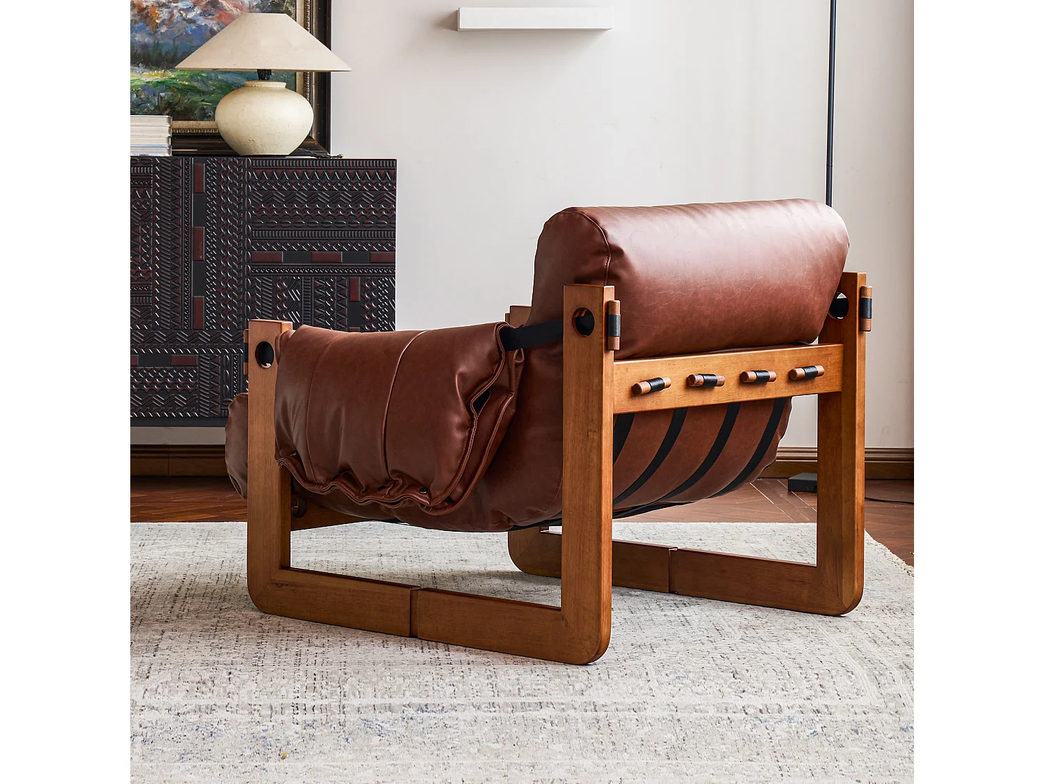 Fauteuil avec accoudoirs et pieds en bois massif, fauteuil lounge en cuir PU, fauteuil de lecture vintage, fauteuil relax pour salon et chambre, marron