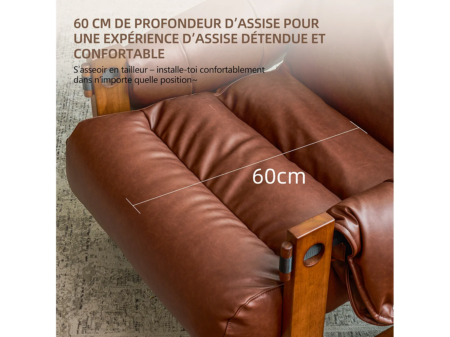Fauteuil avec accoudoirs et pieds en bois massif, fauteuil lounge en cuir PU, fauteuil de lecture vintage, fauteuil relax pour salon et chambre, marron
