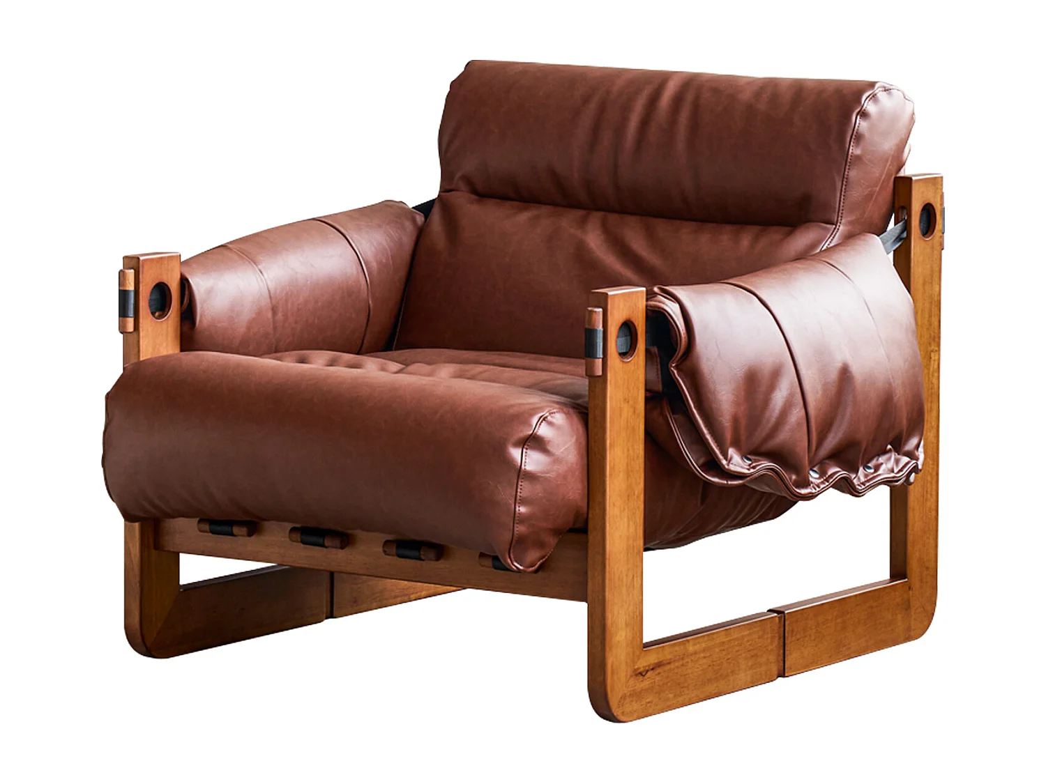Fauteuil avec accoudoirs et pieds en bois massif, fauteuil lounge en cuir PU, fauteuil de lecture vintage, fauteuil relax pour salon et chambre, marron