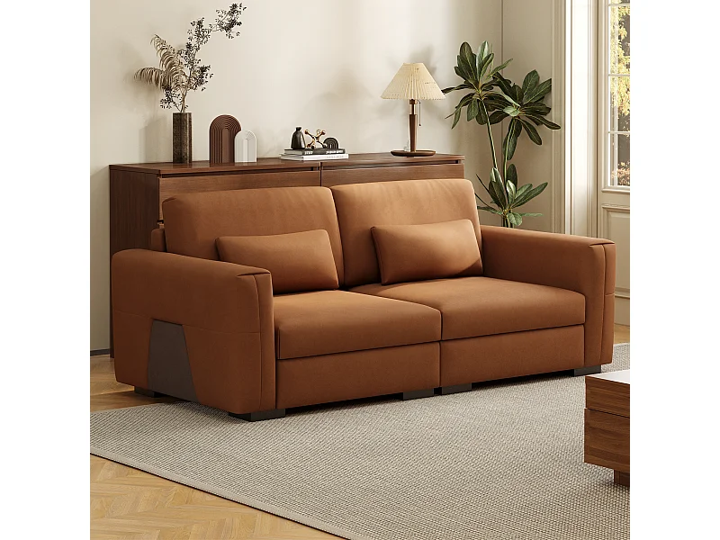 Canapé 2 places en cuir synthétique orange-brun – Canapé moderne pour salon, avec larges accoudoirs et coussins moelleux, assise élégante pour 2 personnes
