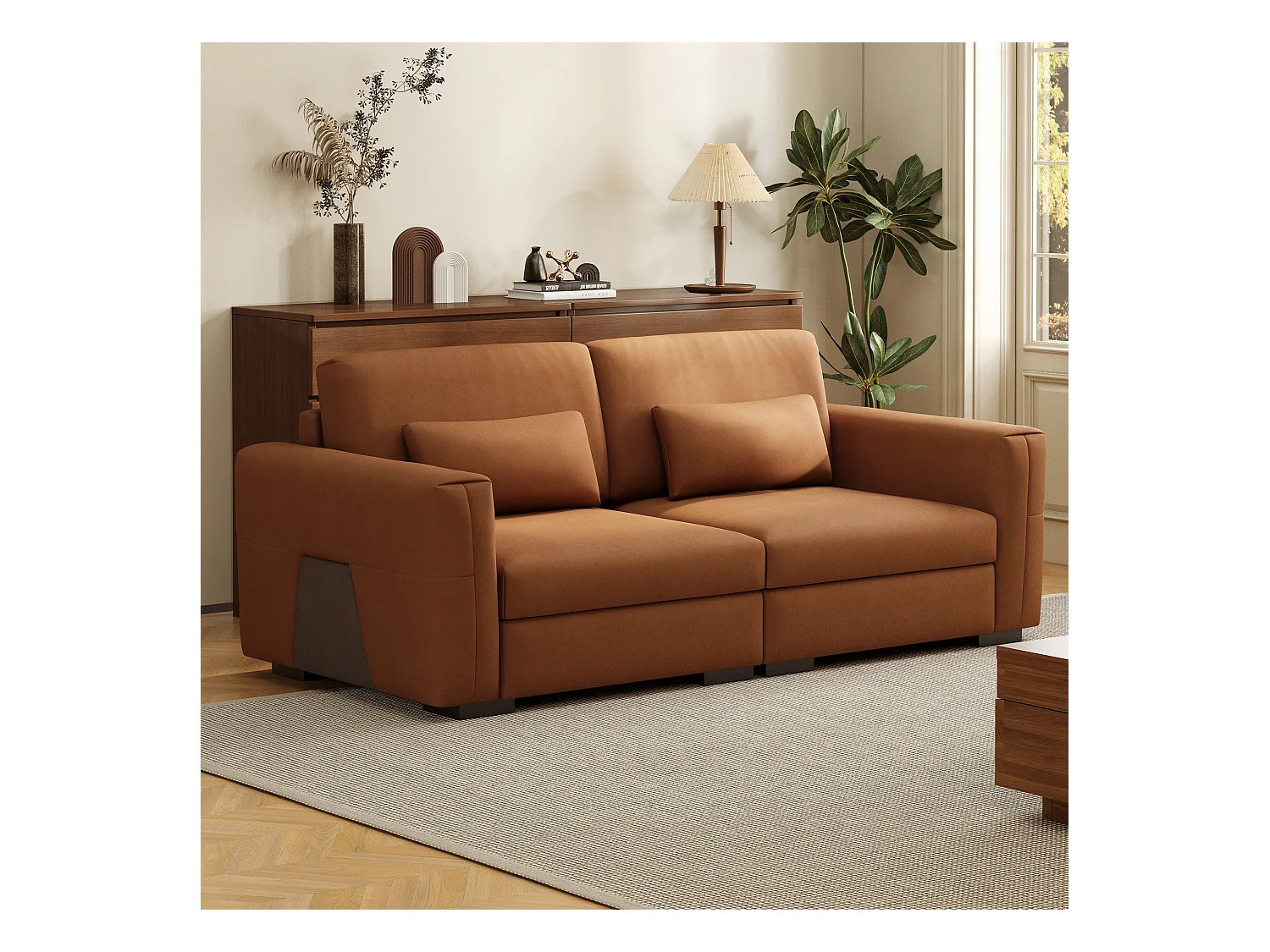 2-zitsbank van oranje-bruin kunstleer – Moderne bank voor de woonkamer, met brede armleuningen en zachte kussens, elegante zitplaats voor 2 personen