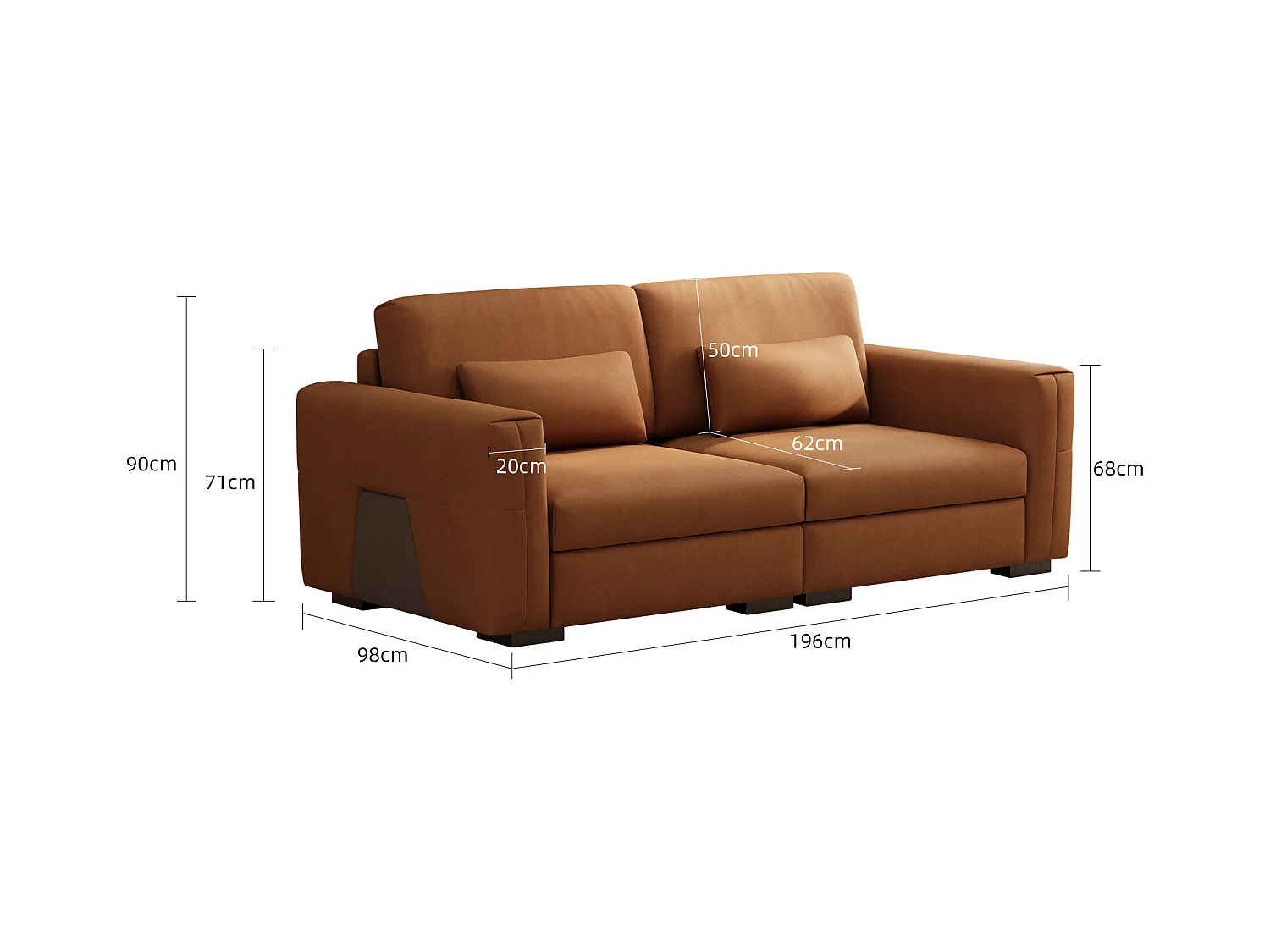 2-zitsbank van oranje-bruin kunstleer – Moderne bank voor de woonkamer, met brede armleuningen en zachte kussens, elegante zitplaats voor 2 personen