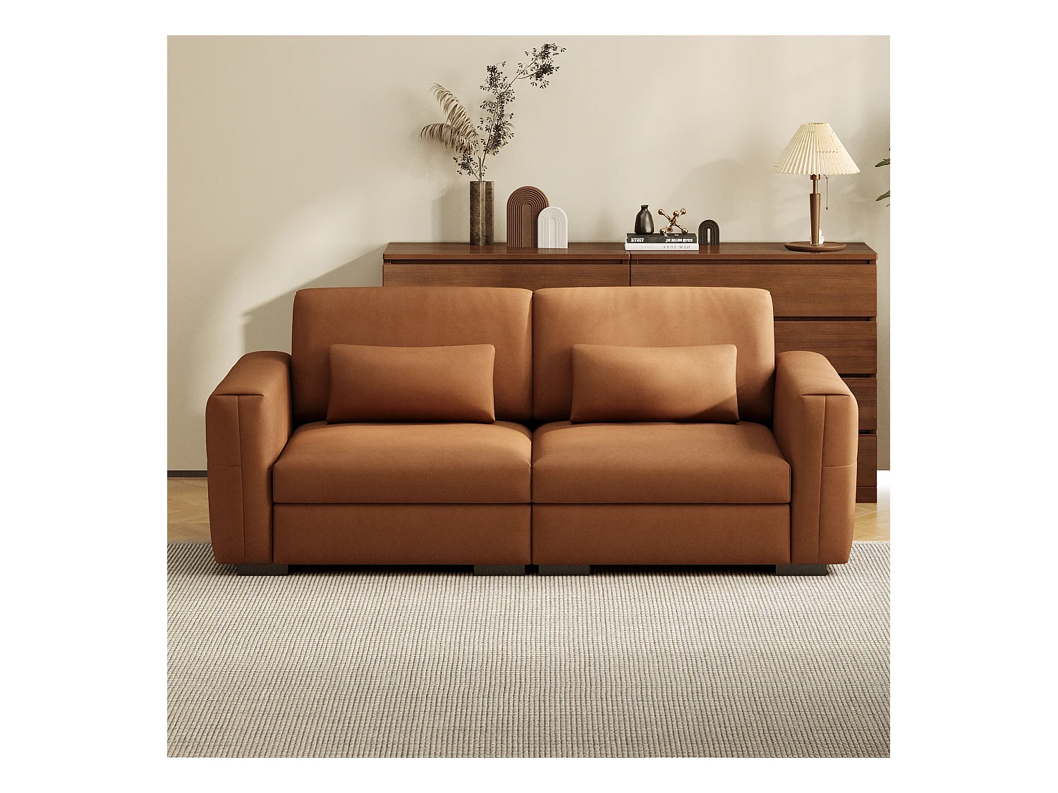 2-zitsbank van oranje-bruin kunstleer – Moderne bank voor de woonkamer, met brede armleuningen en zachte kussens, elegante zitplaats voor 2 personen