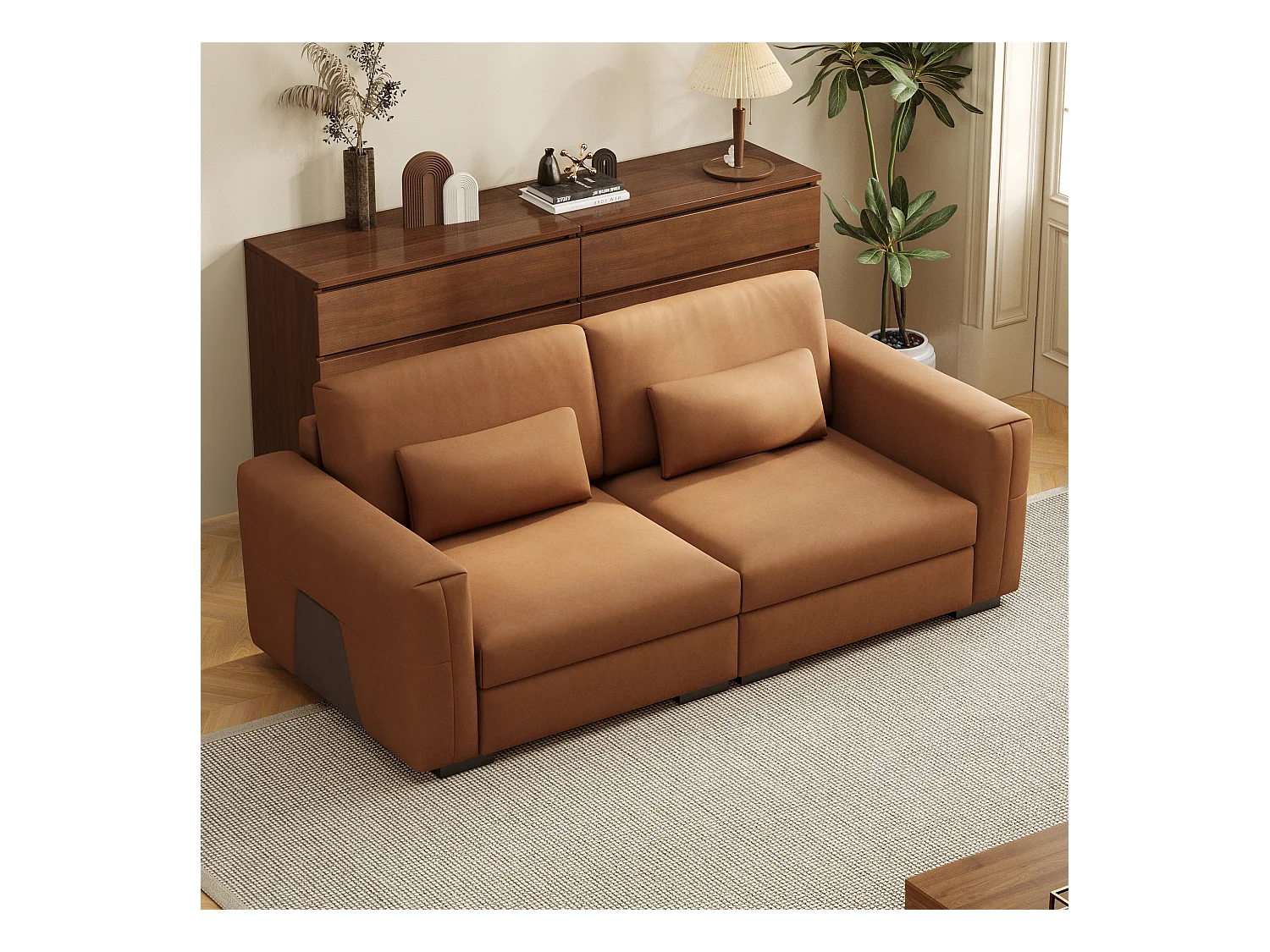 2-zitsbank van oranje-bruin kunstleer – Moderne bank voor de woonkamer, met brede armleuningen en zachte kussens, elegante zitplaats voor 2 personen