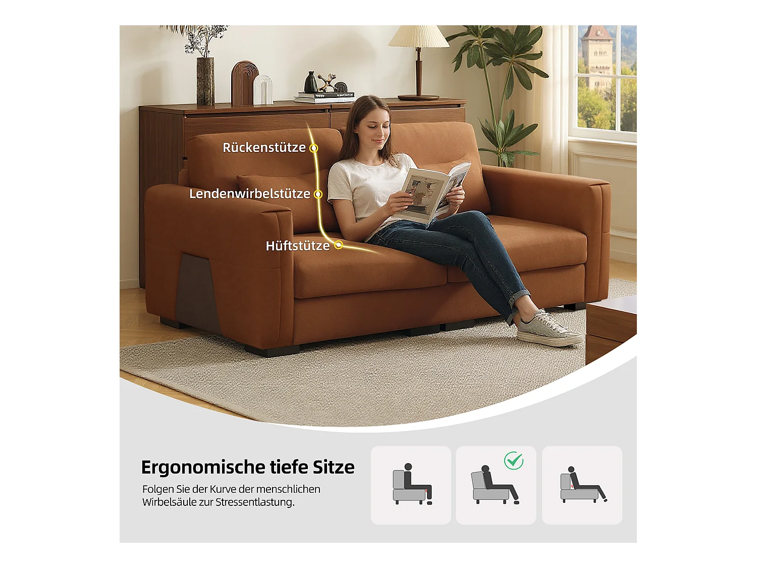 2-zitsbank van oranje-bruin kunstleer – Moderne bank voor de woonkamer, met brede armleuningen en zachte kussens, elegante zitplaats voor 2 personen