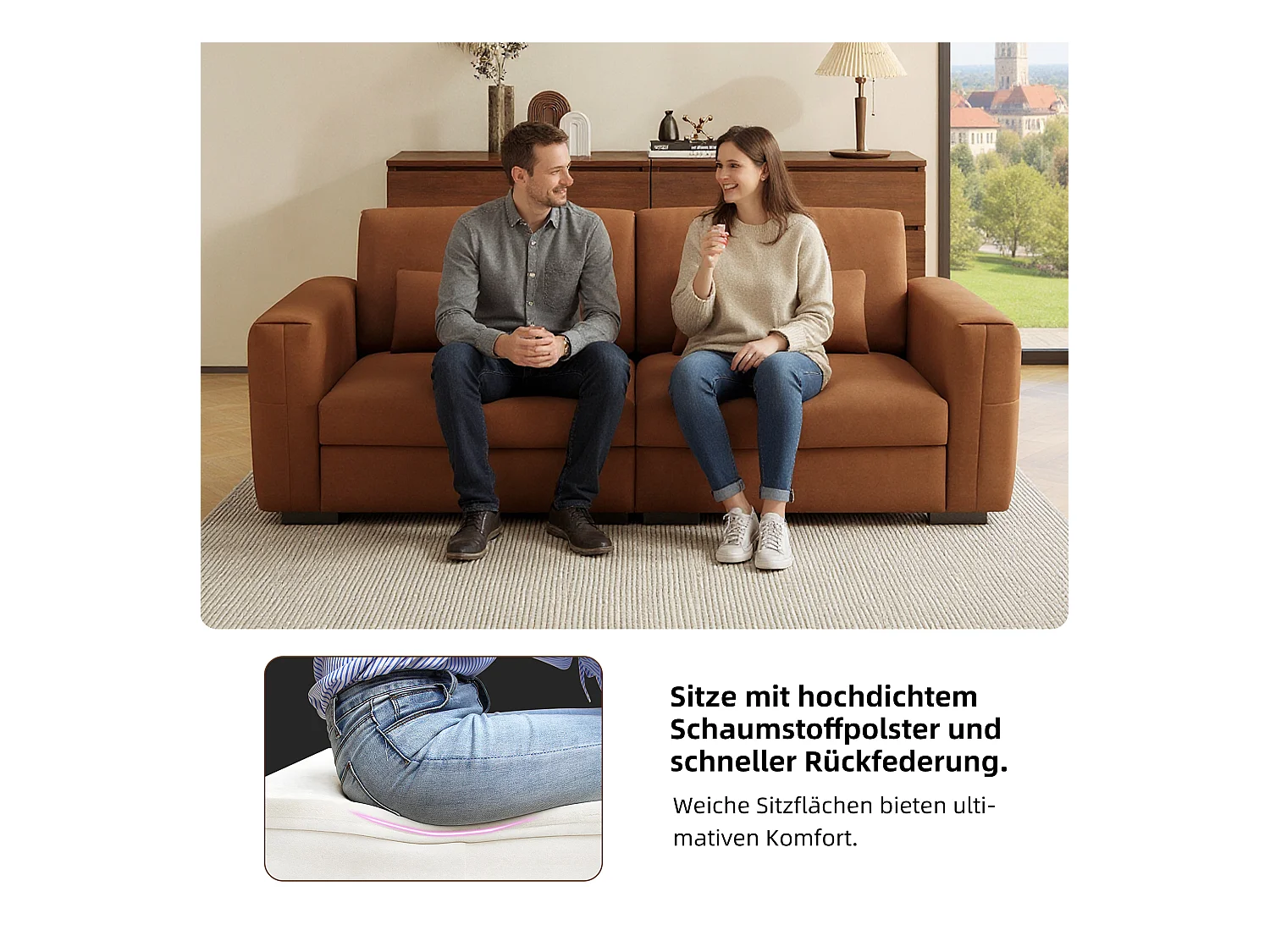 2-zitsbank van oranje-bruin kunstleer – Moderne bank voor de woonkamer, met brede armleuningen en zachte kussens, elegante zitplaats voor 2 personen