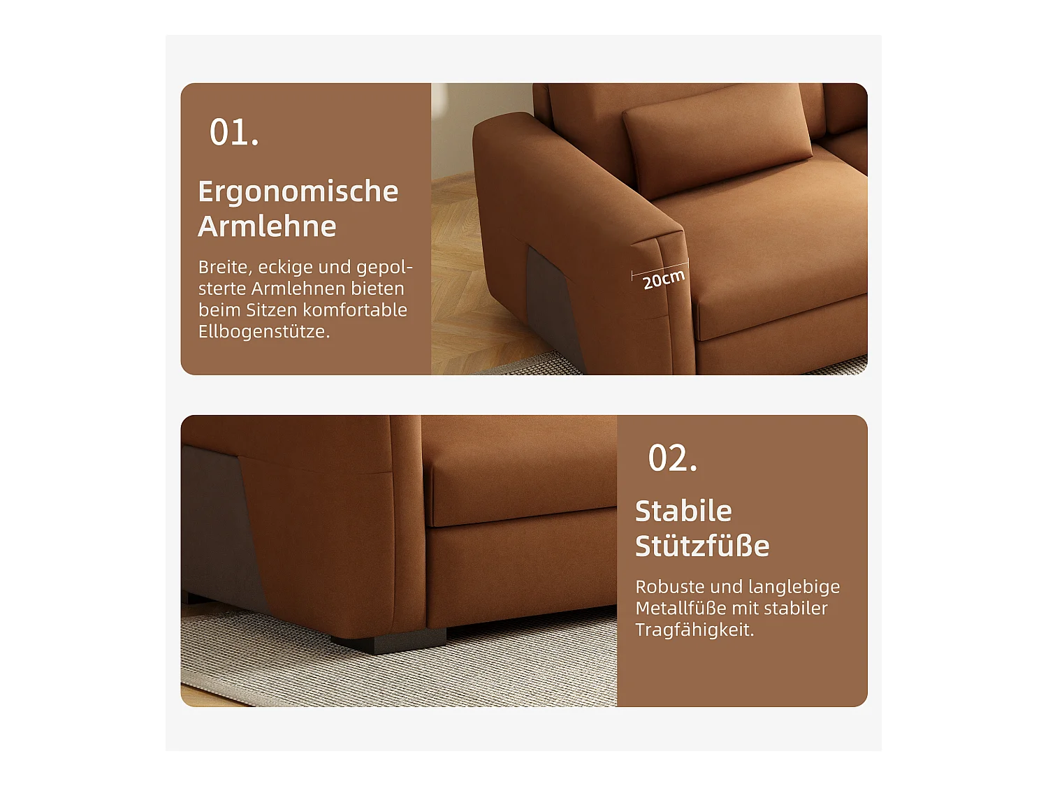 2-zitsbank van oranje-bruin kunstleer – Moderne bank voor de woonkamer, met brede armleuningen en zachte kussens, elegante zitplaats voor 2 personen