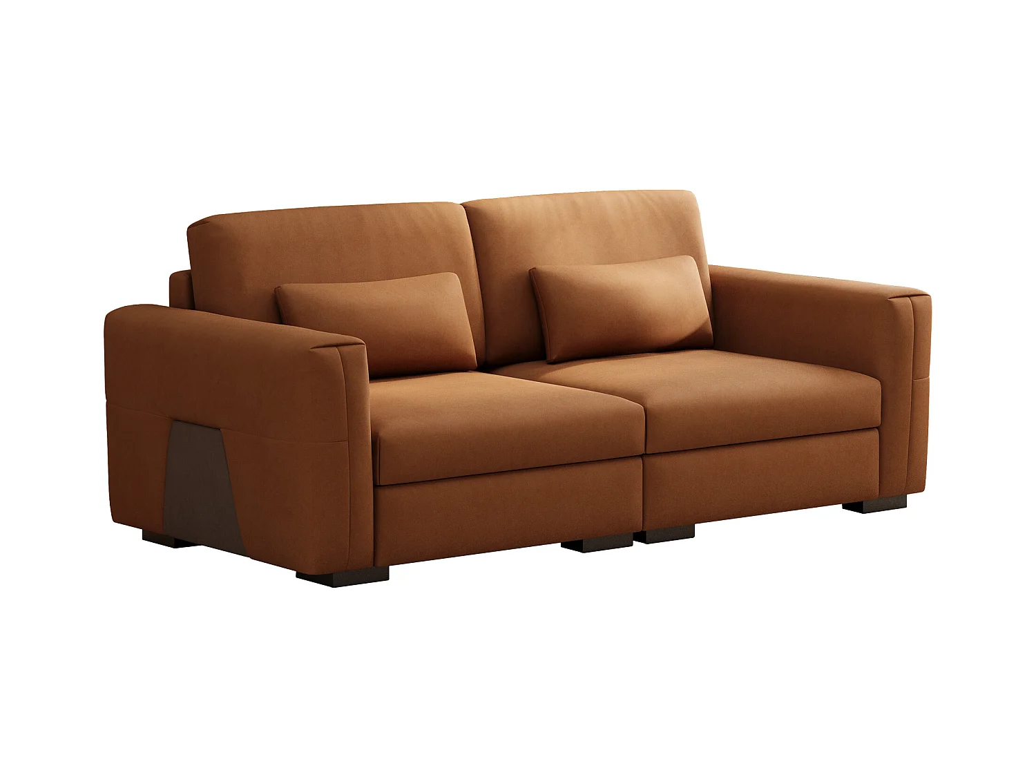 2-zitsbank van oranje-bruin kunstleer – Moderne bank voor de woonkamer, met brede armleuningen en zachte kussens, elegante zitplaats voor 2 personen