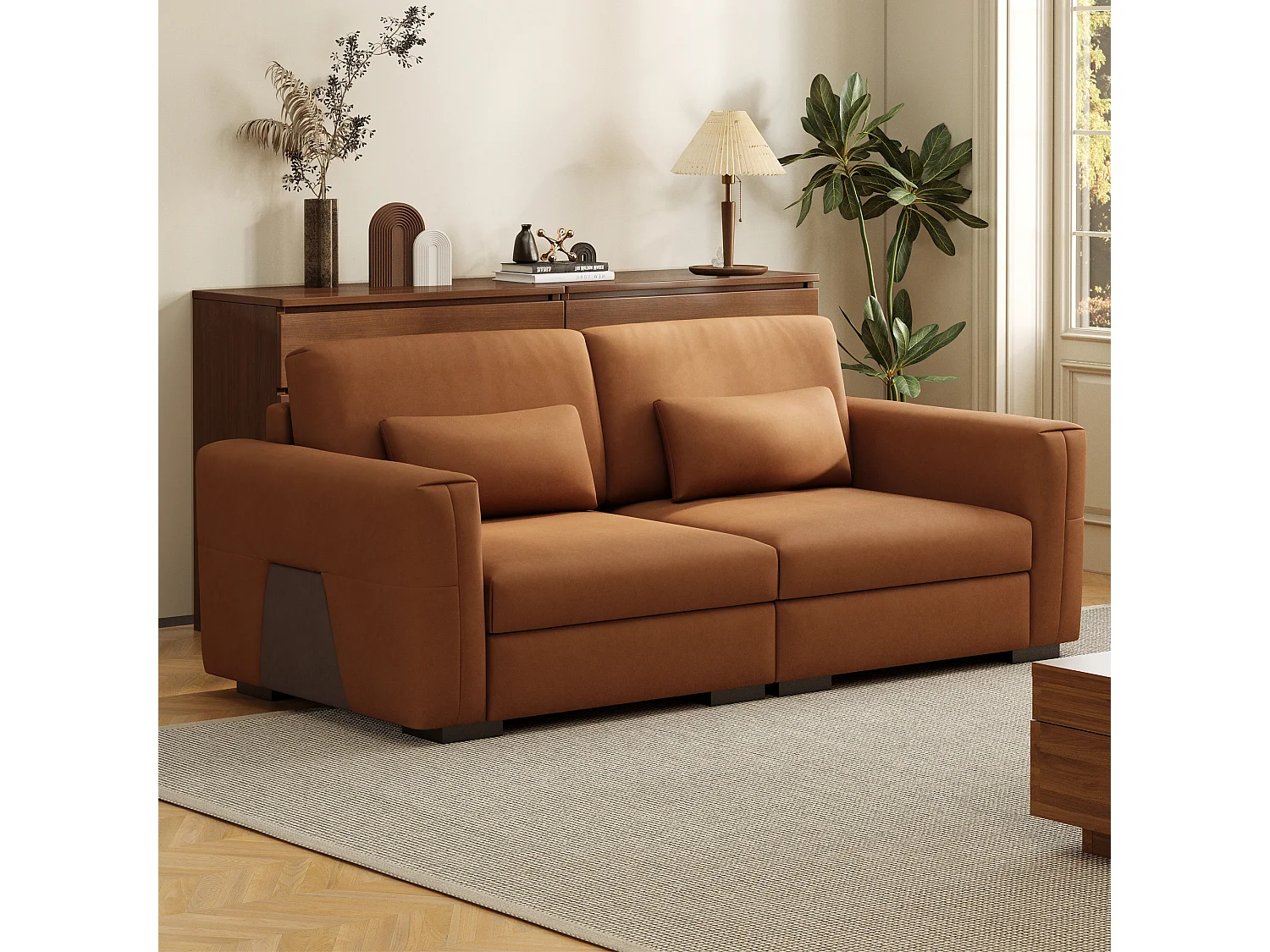 Canapé 2 places en cuir synthétique orange-brun – Canapé moderne pour salon, avec larges accoudoirs et coussins moelleux, assise élégante pour 2 personnes