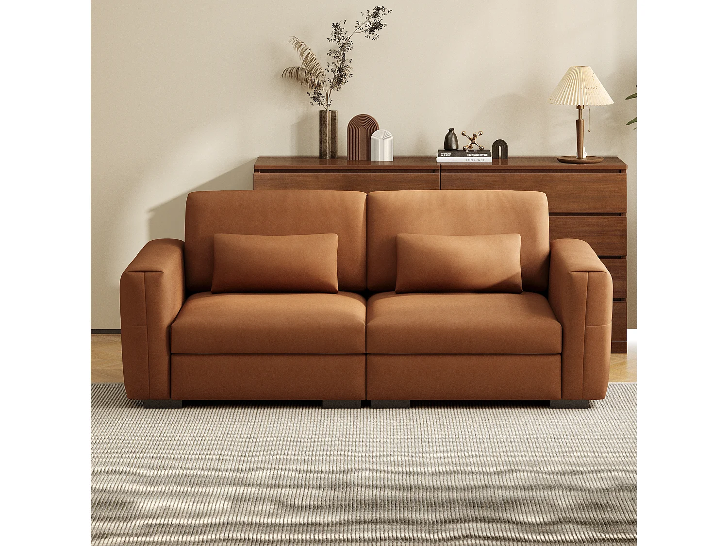 Canapé 2 places en cuir synthétique orange-brun – Canapé moderne pour salon, avec larges accoudoirs et coussins moelleux, assise élégante pour 2 personnes