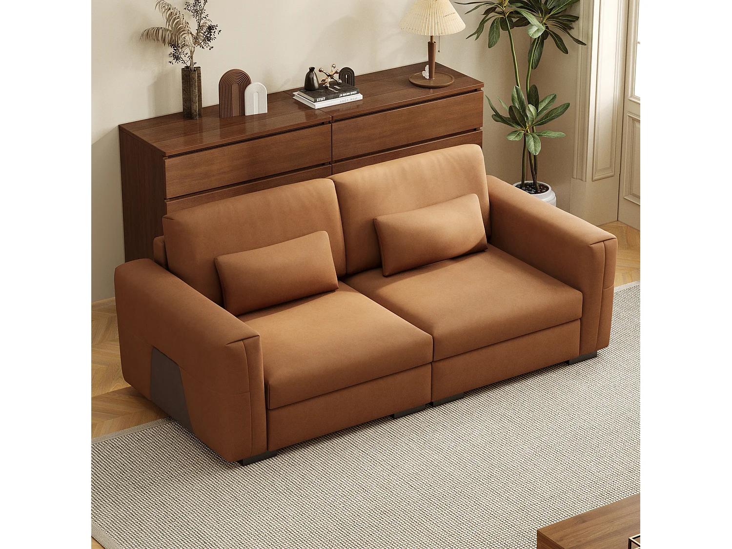 Canapé 2 places en cuir synthétique orange-brun – Canapé moderne pour salon, avec larges accoudoirs et coussins moelleux, assise élégante pour 2 personnes