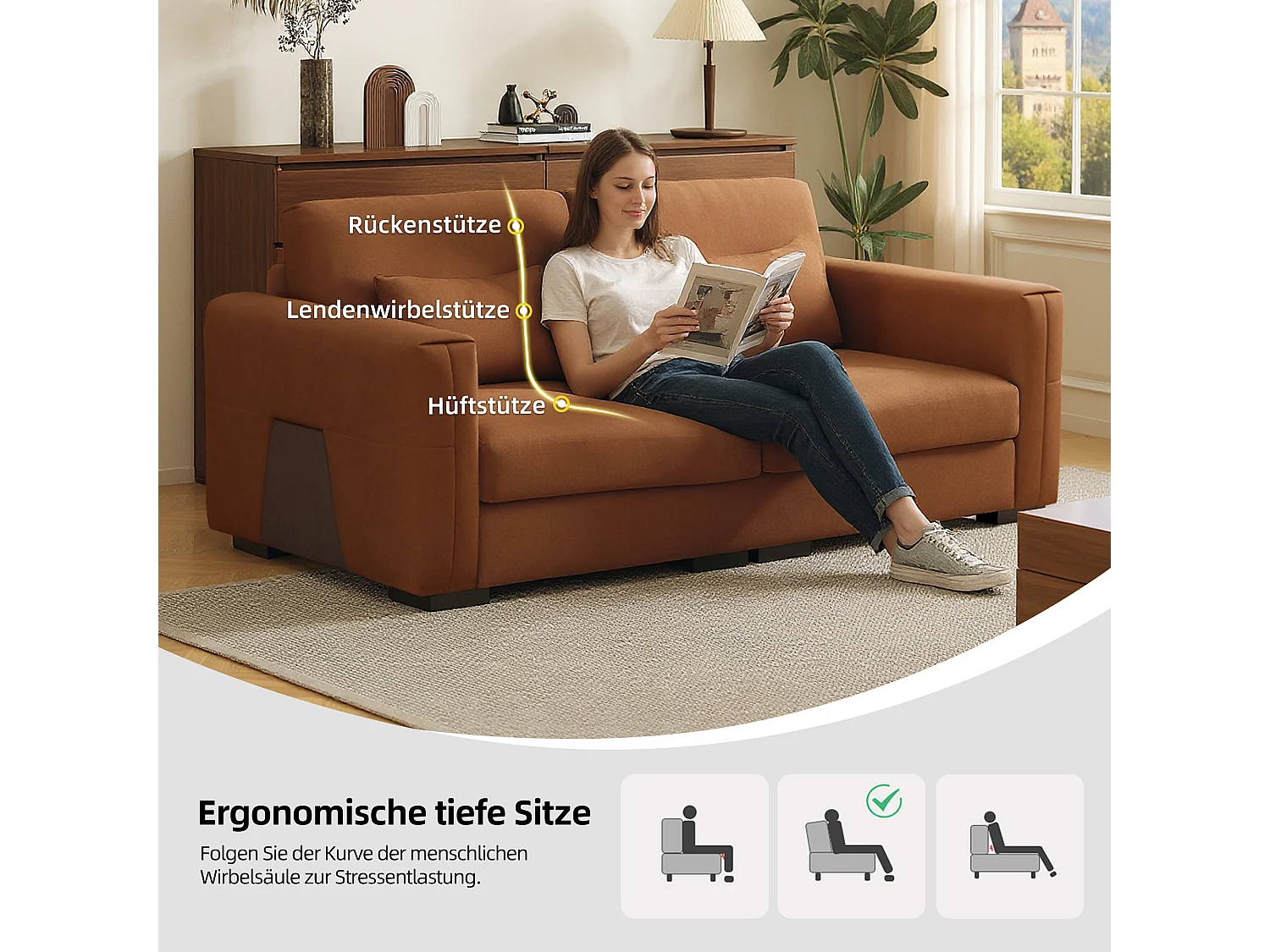 Canapé 2 places en cuir synthétique orange-brun – Canapé moderne pour salon, avec larges accoudoirs et coussins moelleux, assise élégante pour 2 personnes