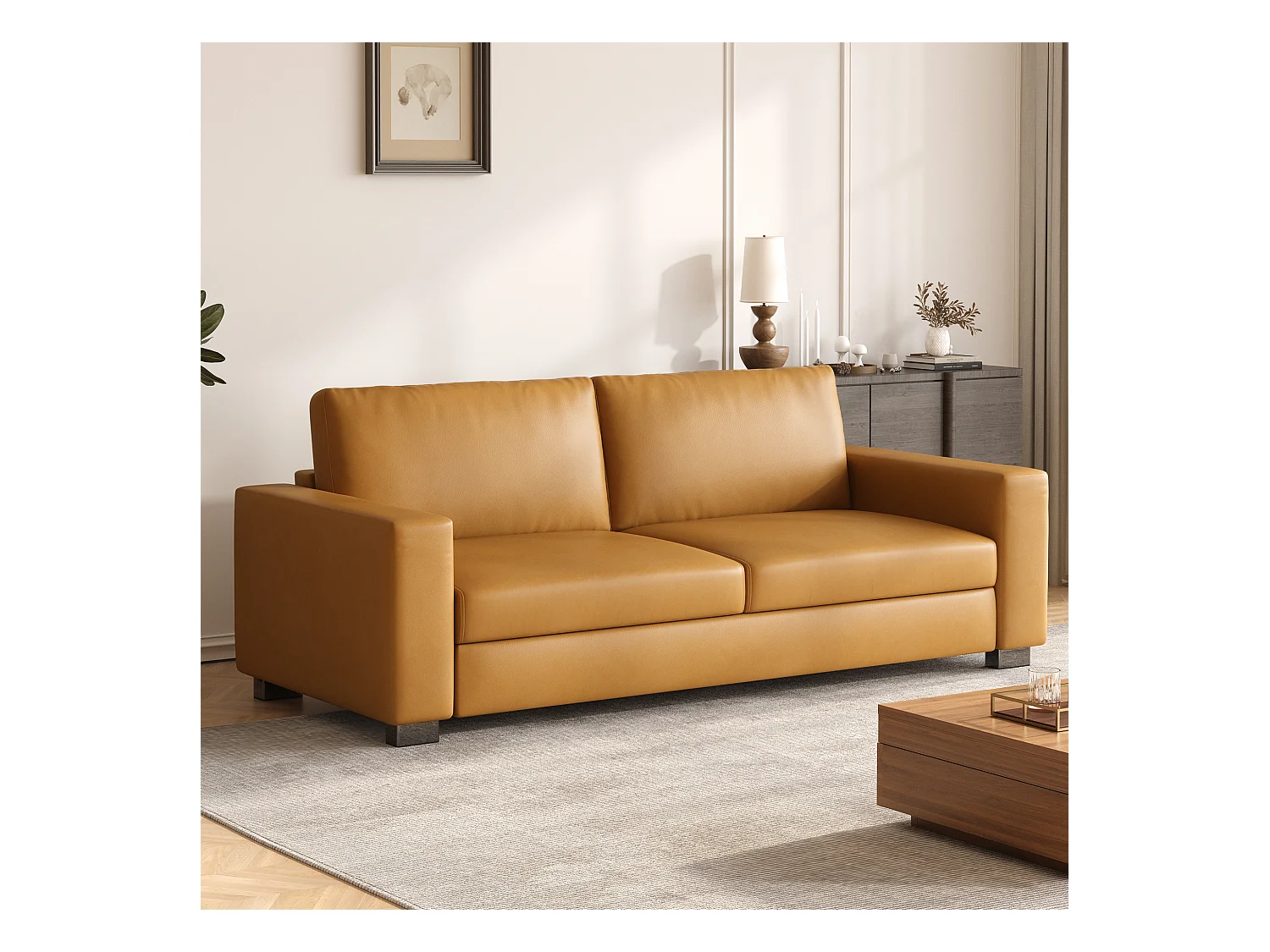 Canapé 3 places en simili cuir – canapé minimaliste en cuir synthétique, confortable et facile d’entretien, design moderne couleur cognac brun pour salon, bureau