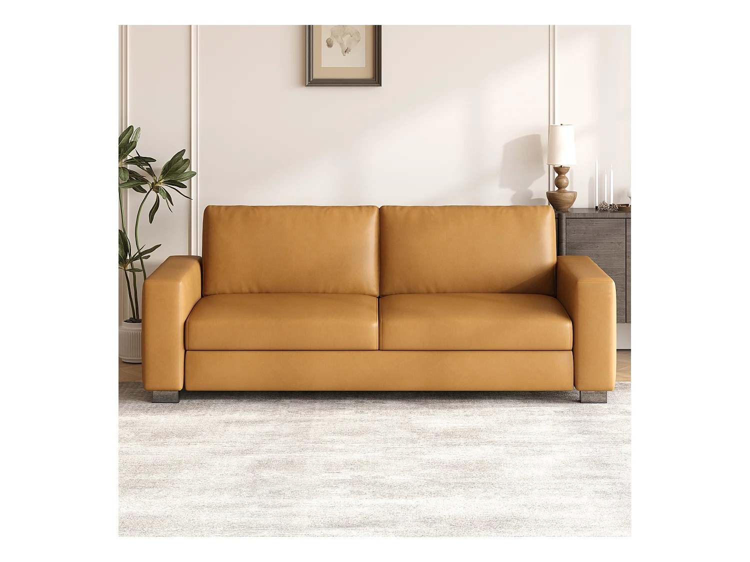 Canapé 3 places en simili cuir – canapé minimaliste en cuir synthétique, confortable et facile d’entretien, design moderne couleur cognac brun pour salon, bureau