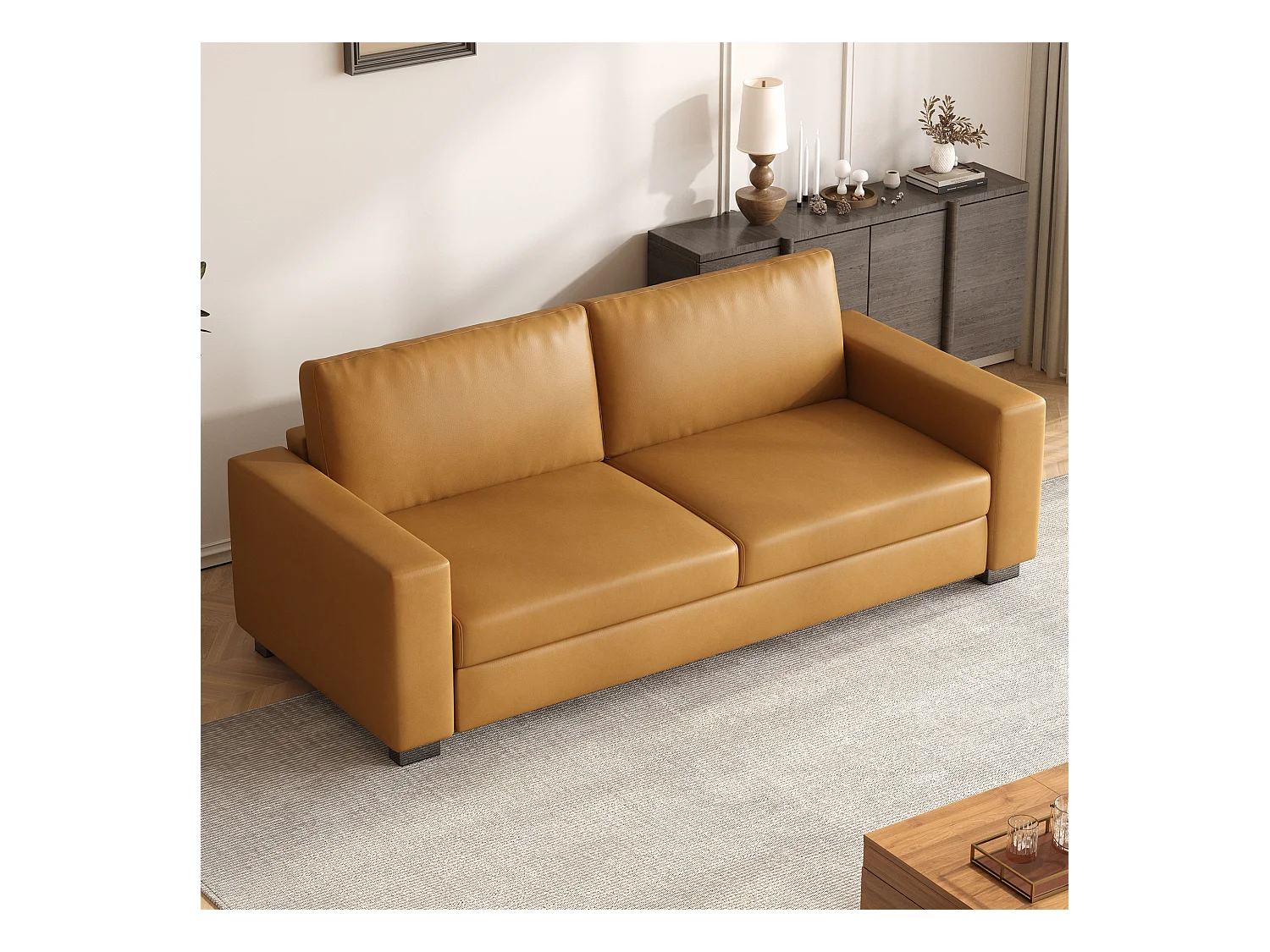 Canapé 3 places en simili cuir – canapé minimaliste en cuir synthétique, confortable et facile d’entretien, design moderne couleur cognac brun pour salon, bureau