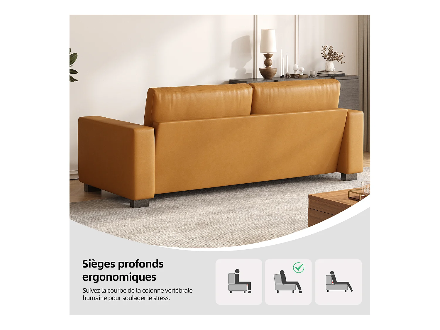 Canapé 3 places en simili cuir – canapé minimaliste en cuir synthétique, confortable et facile d’entretien, design moderne couleur cognac brun pour salon, bureau