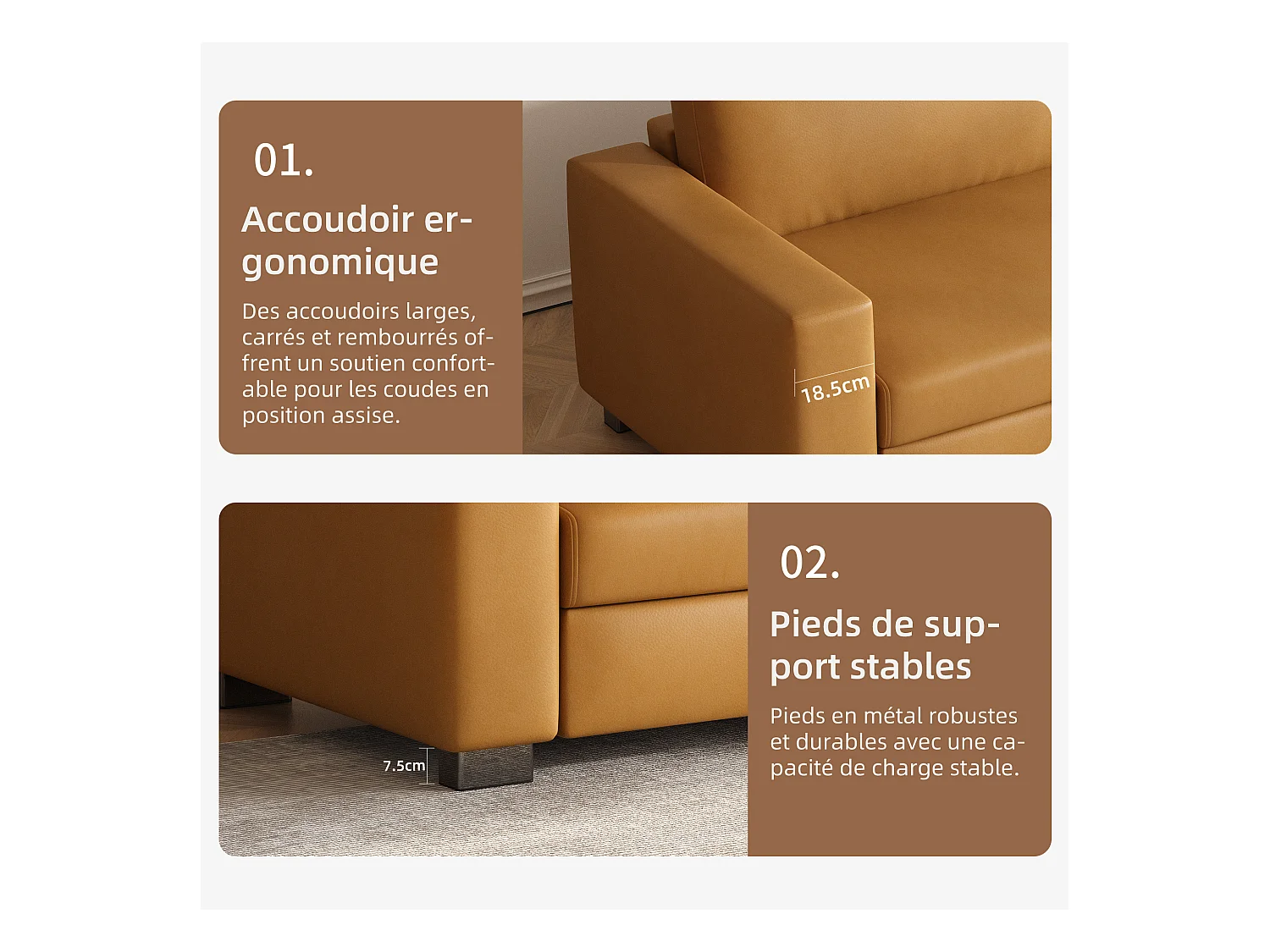 Canapé 3 places en simili cuir – canapé minimaliste en cuir synthétique, confortable et facile d’entretien, design moderne couleur cognac brun pour salon, bureau