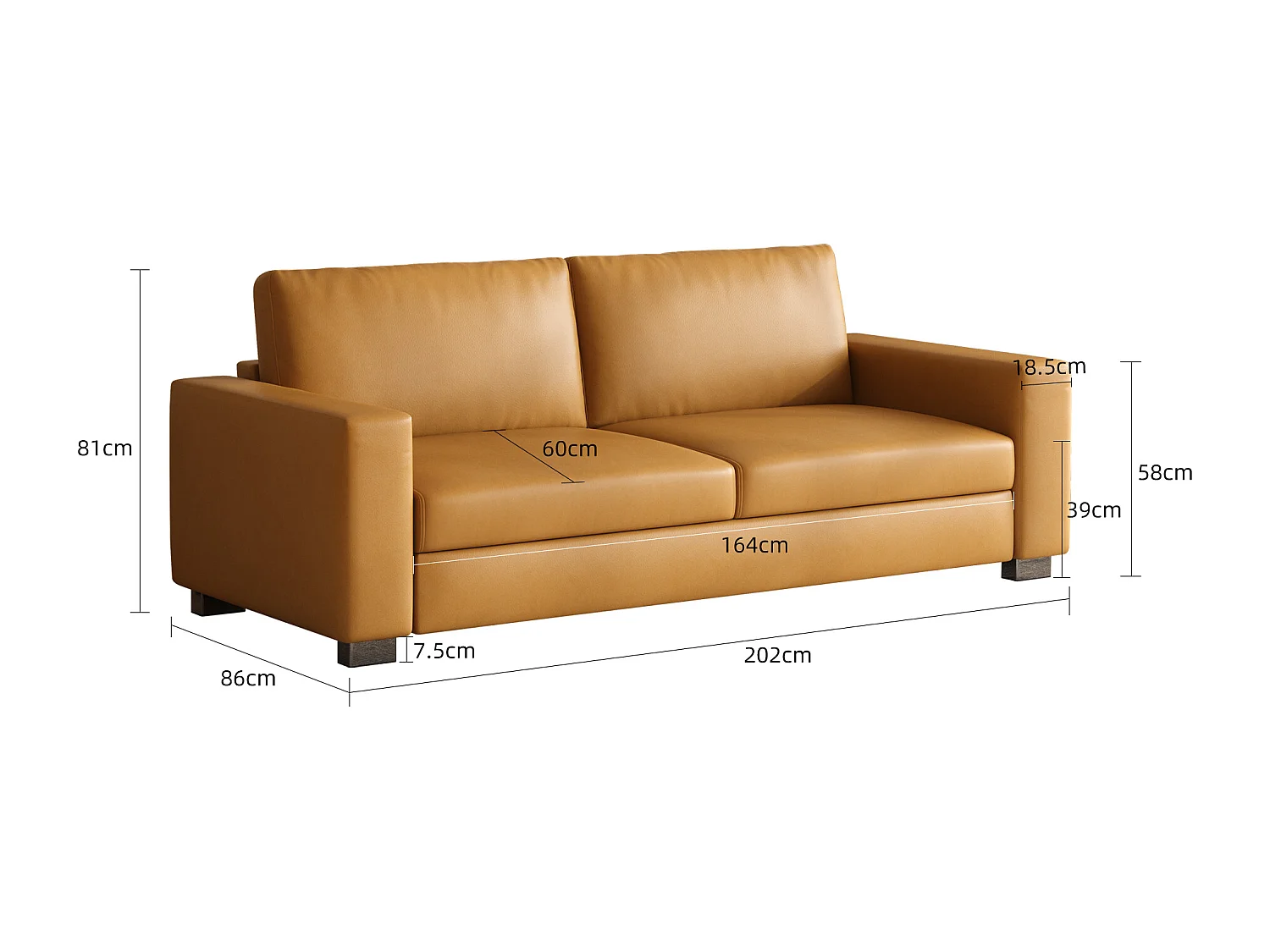 Canapé 3 places en simili cuir – canapé minimaliste en cuir synthétique, confortable et facile d’entretien, design moderne couleur cognac brun pour salon, bureau