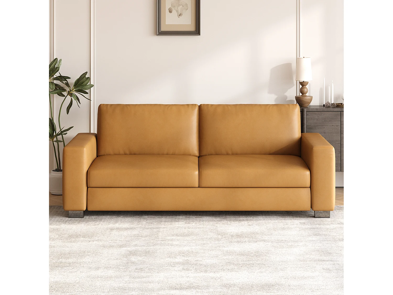 Canapé 3 places en simili cuir – canapé minimaliste en cuir synthétique, confortable et facile d’entretien, design moderne couleur cognac brun pour salon, bureau