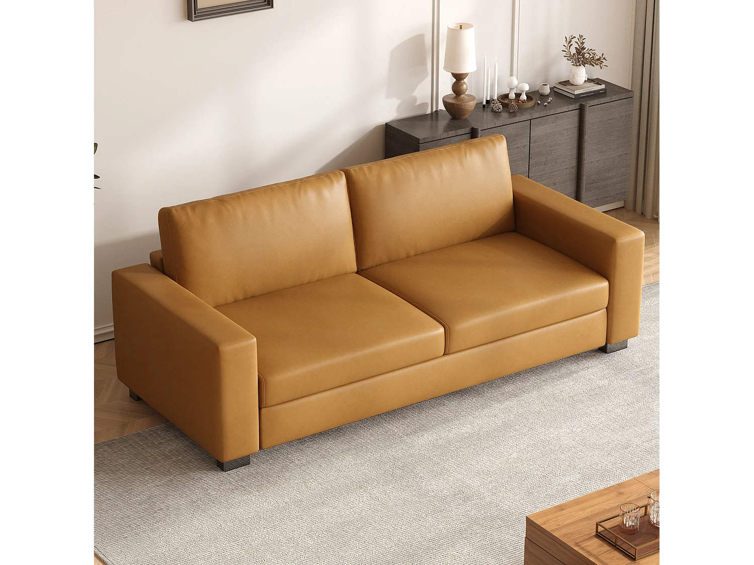 Canapé 3 places en simili cuir – canapé minimaliste en cuir synthétique, confortable et facile d’entretien, design moderne couleur cognac brun pour salon, bureau