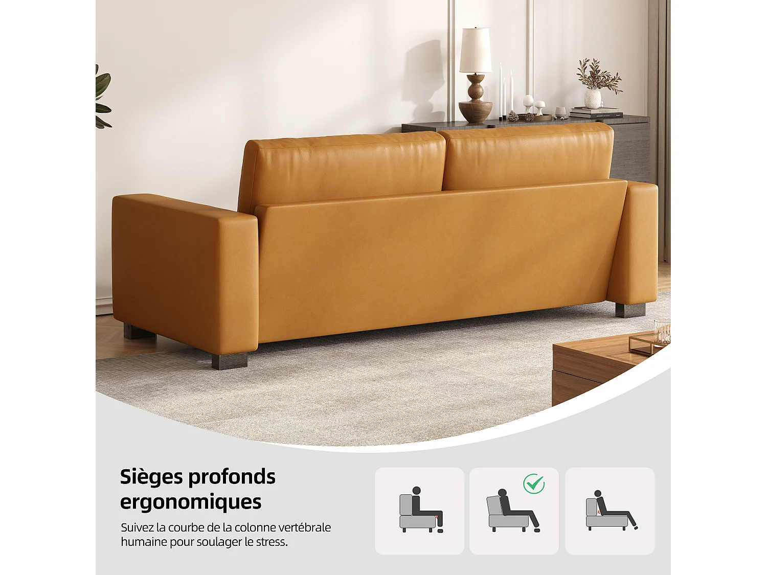 Canapé 3 places en simili cuir – canapé minimaliste en cuir synthétique, confortable et facile d’entretien, design moderne couleur cognac brun pour salon, bureau