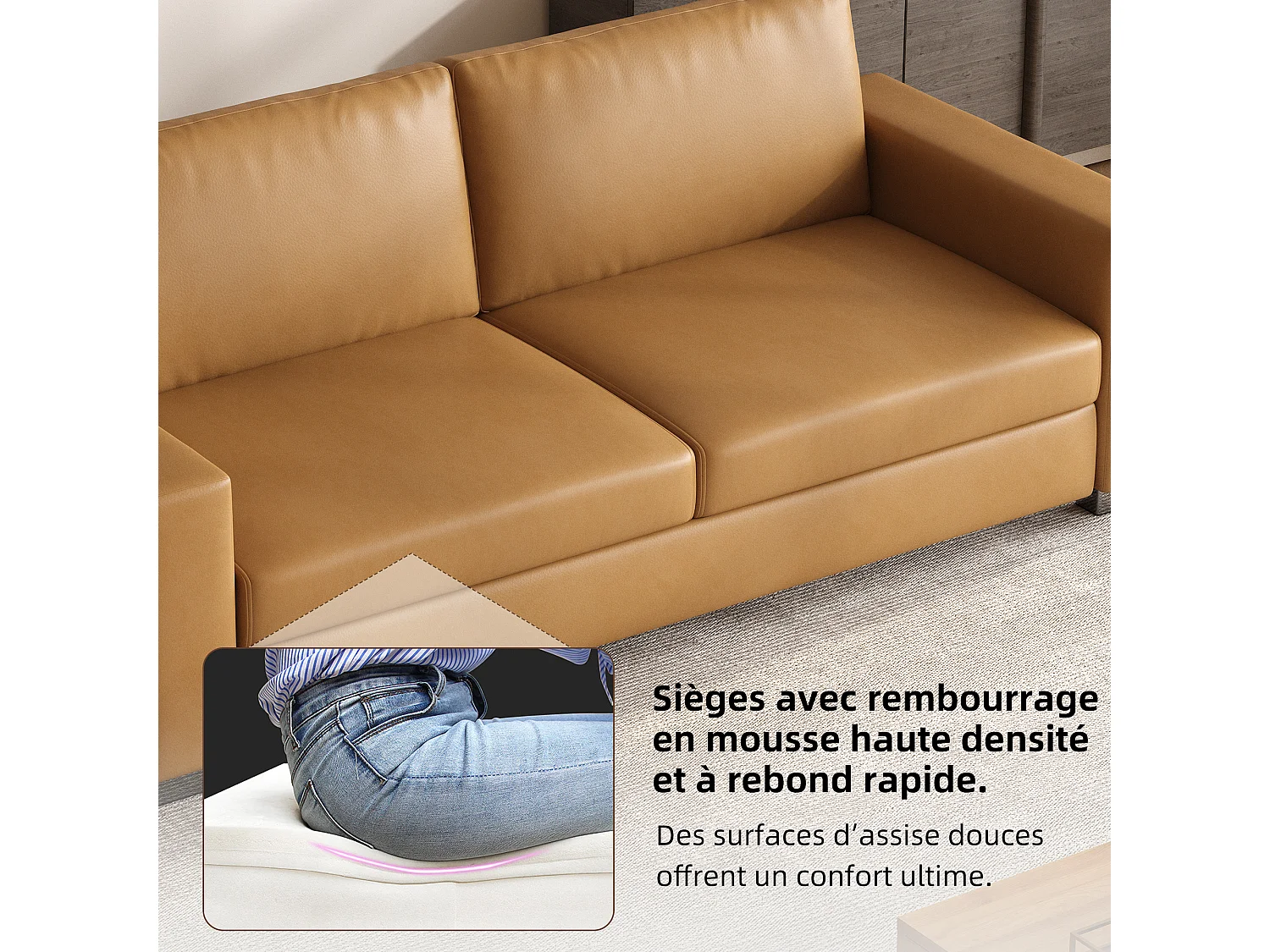 Canapé 3 places en simili cuir – canapé minimaliste en cuir synthétique, confortable et facile d’entretien, design moderne couleur cognac brun pour salon, bureau