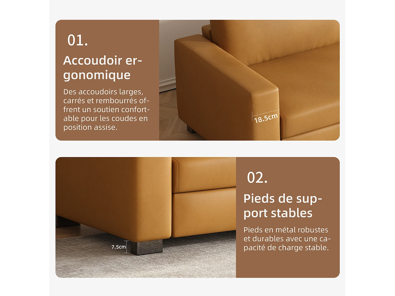 Canapé 3 places en simili cuir – canapé minimaliste en cuir synthétique, confortable et facile d’entretien, design moderne couleur cognac brun pour salon, bureau