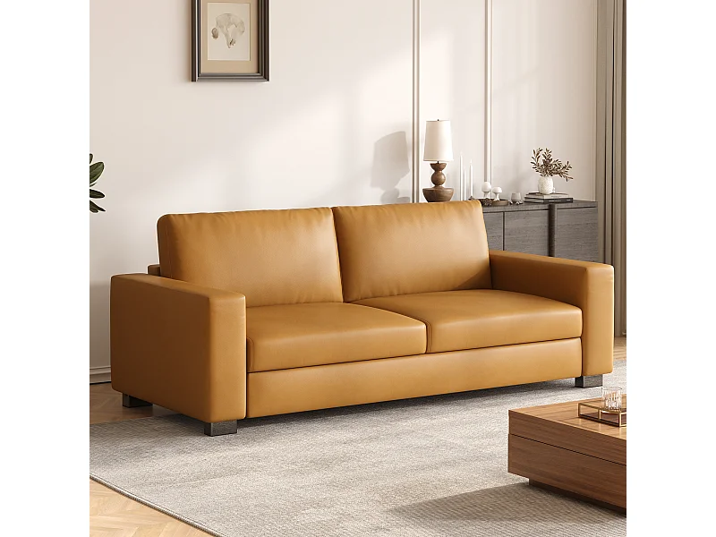 Canapé 3 places en simili cuir – canapé minimaliste en cuir synthétique, confortable et facile d’entretien, design moderne couleur cognac brun pour salon, bureau