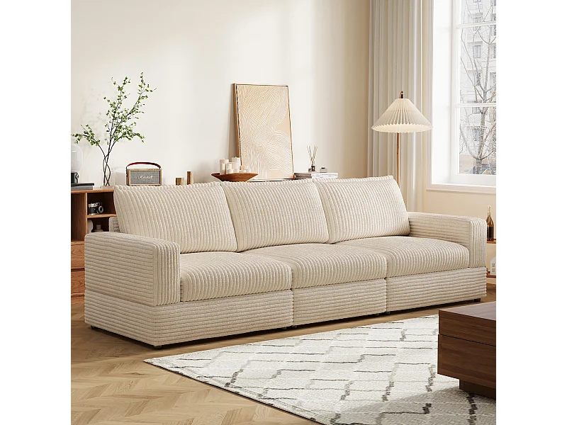 Canapé modulable 268 cm, canapé 3 places confortable avec assise profonde et rembourrage moelleux, canapé en velours côtelé pour salon, beige