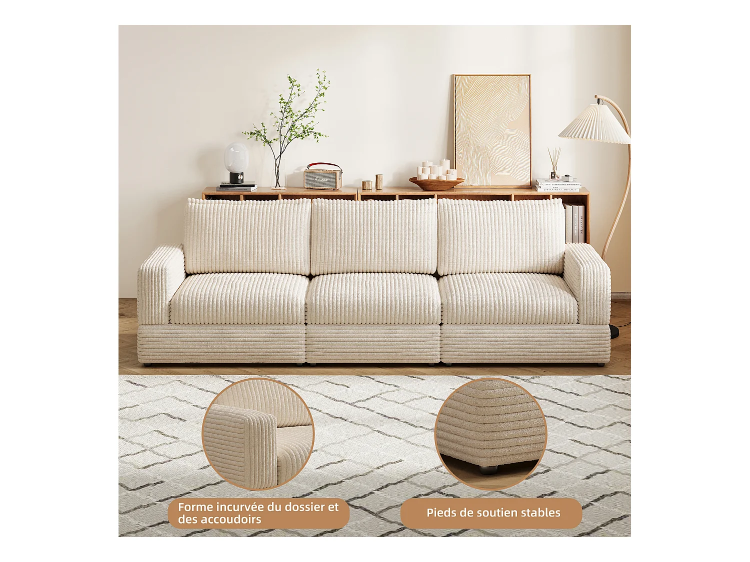 Modulaire bank van 268 cm, comfortabele 3-zitsbank met diepe zit en zachte bekleding, corduroy bank voor woonkamer, beige