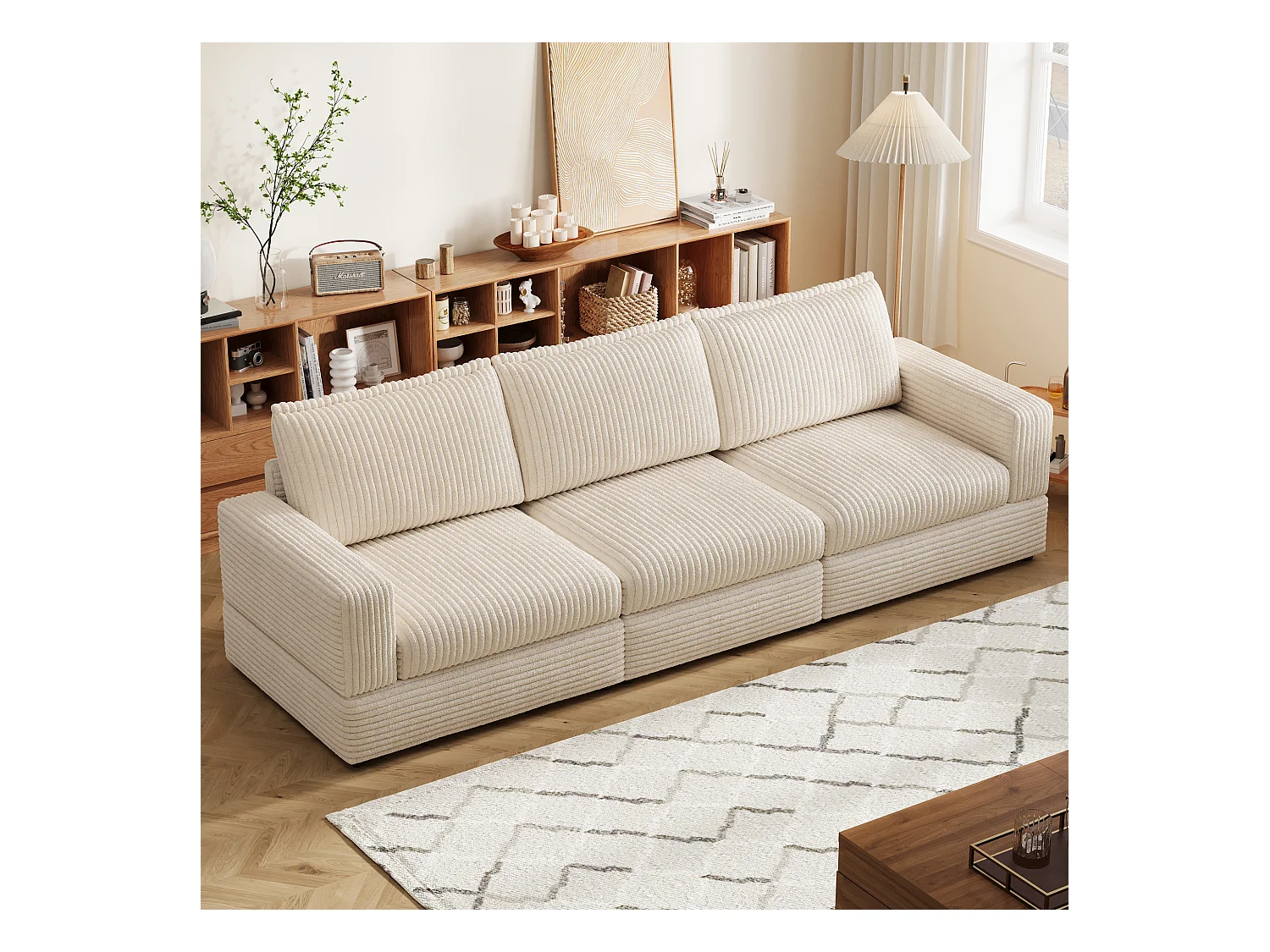 Modulaire bank van 268 cm, comfortabele 3-zitsbank met diepe zit en zachte bekleding, corduroy bank voor woonkamer, beige