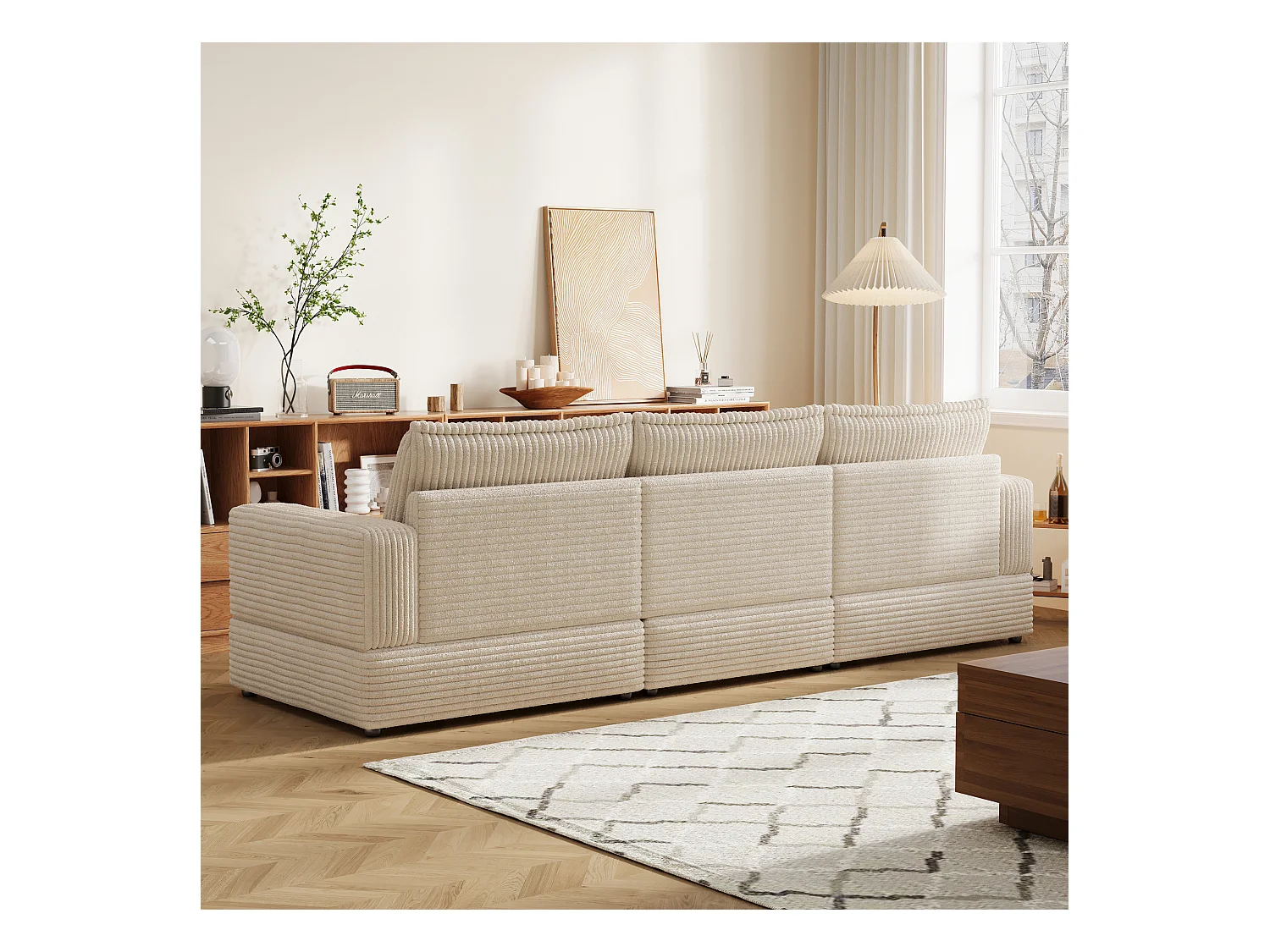 Modulaire bank van 268 cm, comfortabele 3-zitsbank met diepe zit en zachte bekleding, corduroy bank voor woonkamer, beige