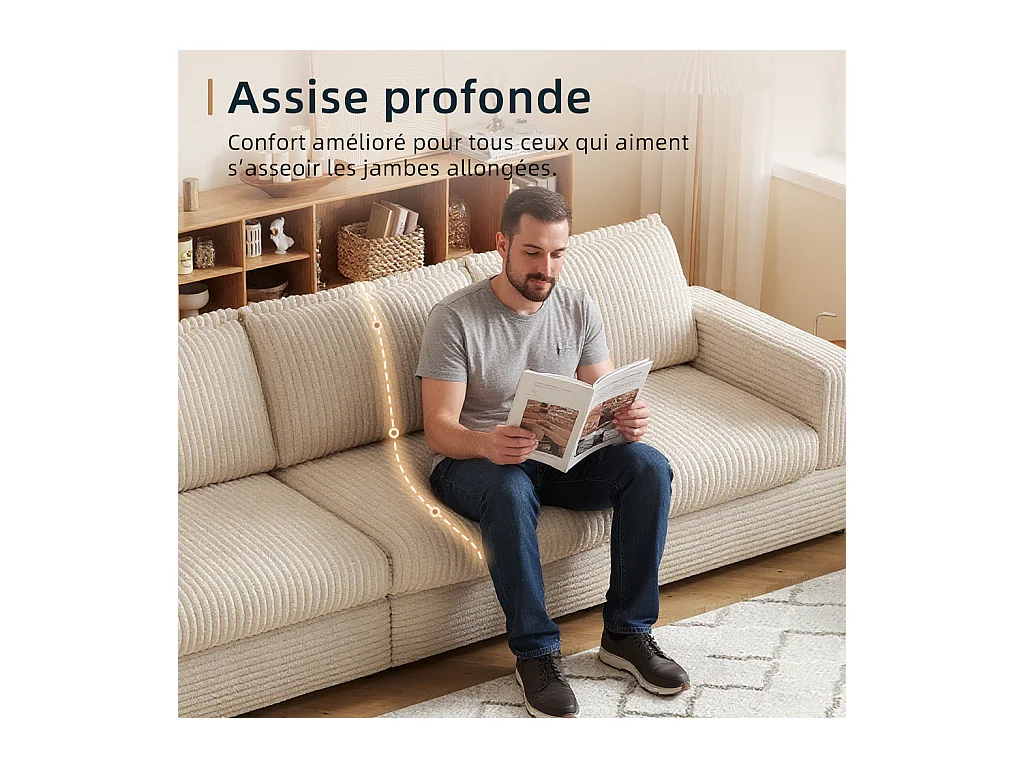 Modulaire bank van 268 cm, comfortabele 3-zitsbank met diepe zit en zachte bekleding, corduroy bank voor woonkamer, beige