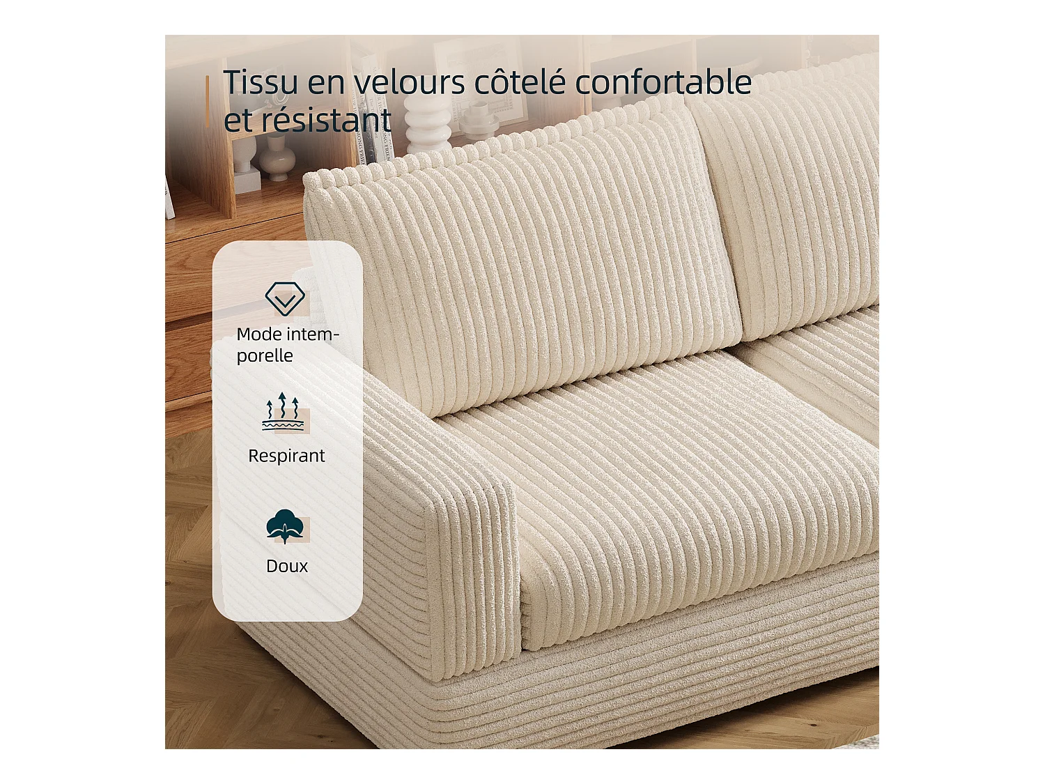 Modulaire bank van 268 cm, comfortabele 3-zitsbank met diepe zit en zachte bekleding, corduroy bank voor woonkamer, beige