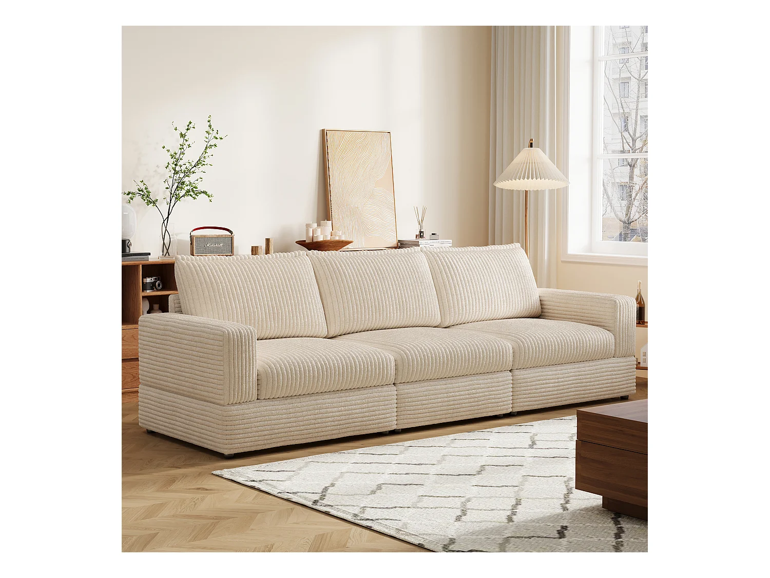 Canapé modulable 268 cm, canapé 3 places confortable avec assise profonde et rembourrage moelleux, canapé en velours côtelé pour salon, beige