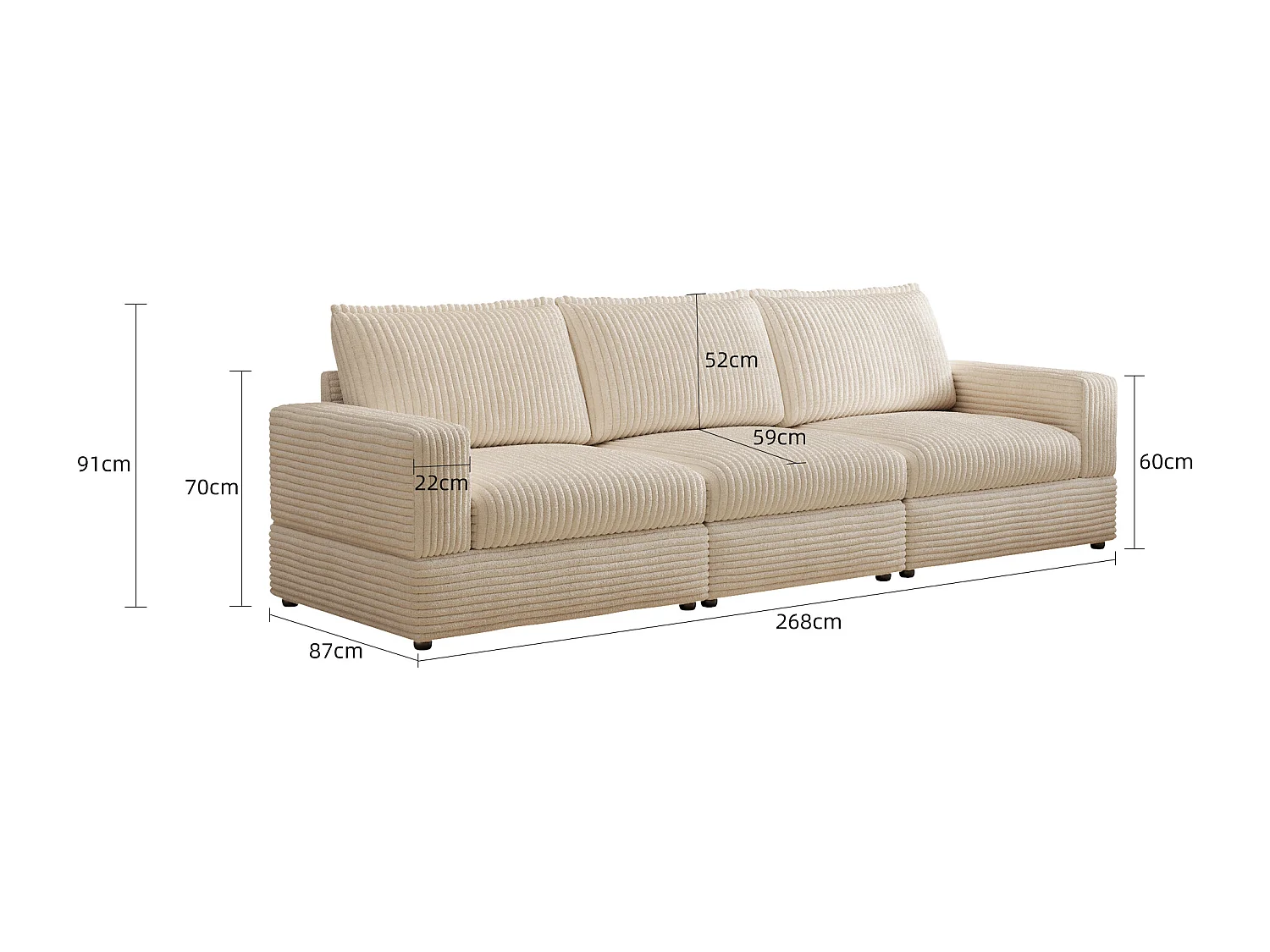 Canapé modulable 268 cm, canapé 3 places confortable avec assise profonde et rembourrage moelleux, canapé en velours côtelé pour salon, beige