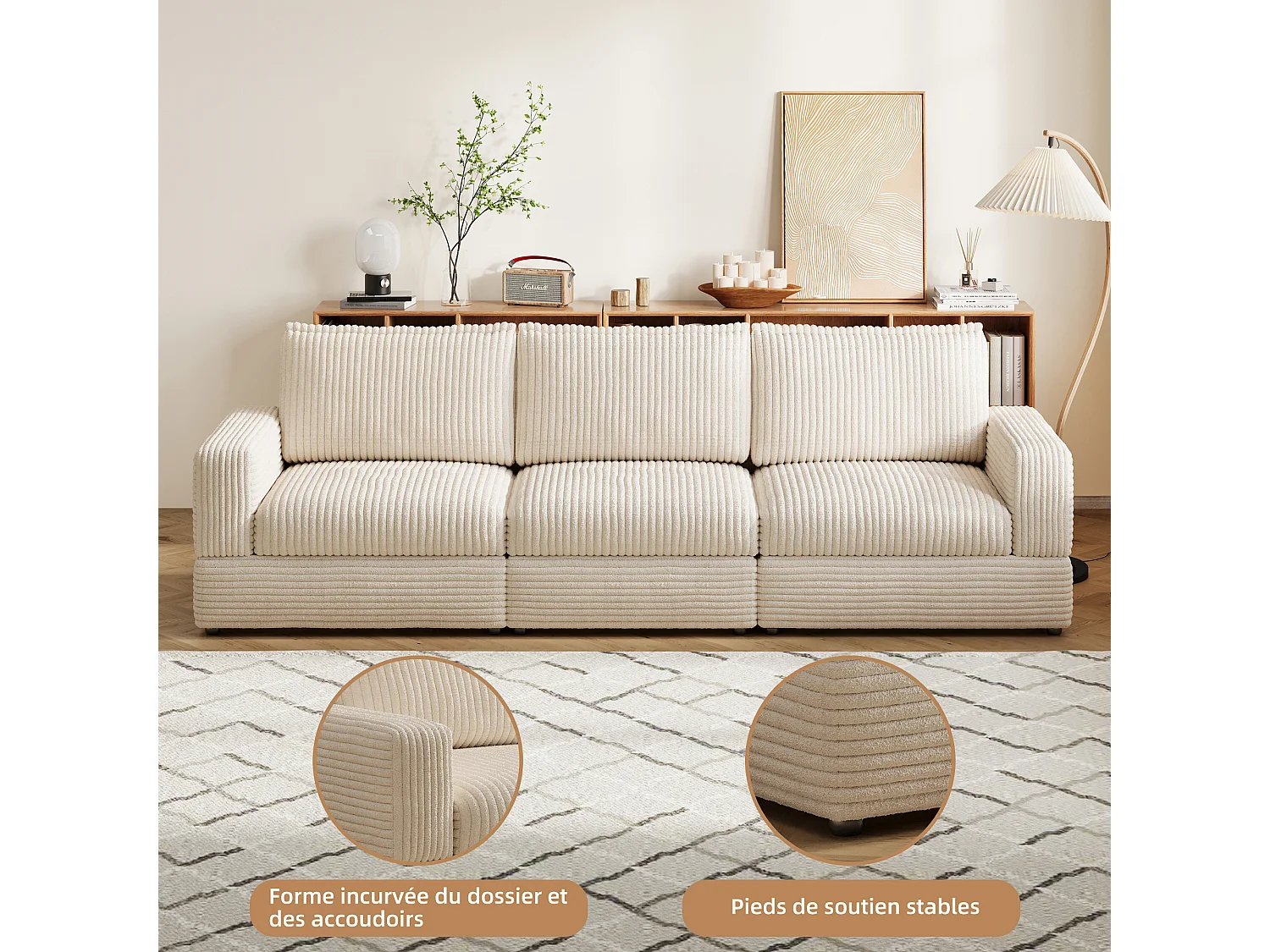 Canapé modulable 268 cm, canapé 3 places confortable avec assise profonde et rembourrage moelleux, canapé en velours côtelé pour salon, beige