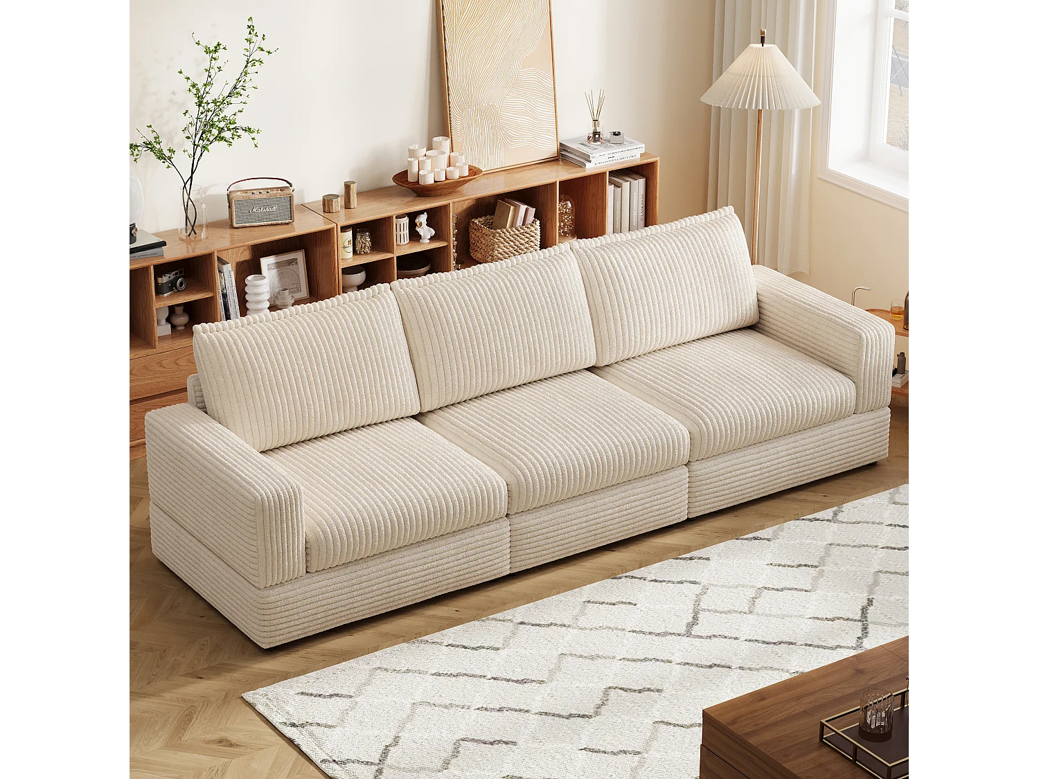 Canapé modulable 268 cm, canapé 3 places confortable avec assise profonde et rembourrage moelleux, canapé en velours côtelé pour salon, beige