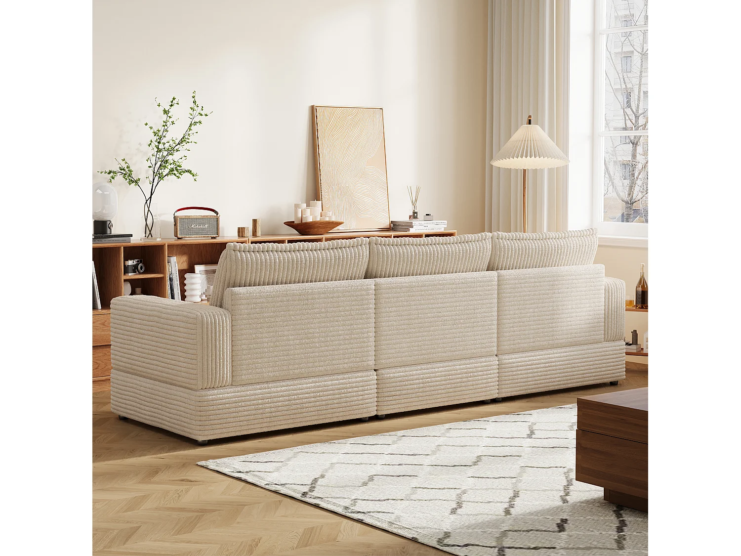 Canapé modulable 268 cm, canapé 3 places confortable avec assise profonde et rembourrage moelleux, canapé en velours côtelé pour salon, beige