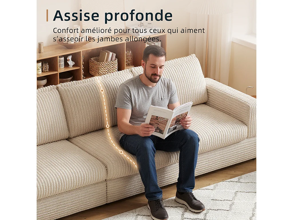 Canapé modulable 268 cm, canapé 3 places confortable avec assise profonde et rembourrage moelleux, canapé en velours côtelé pour salon, beige