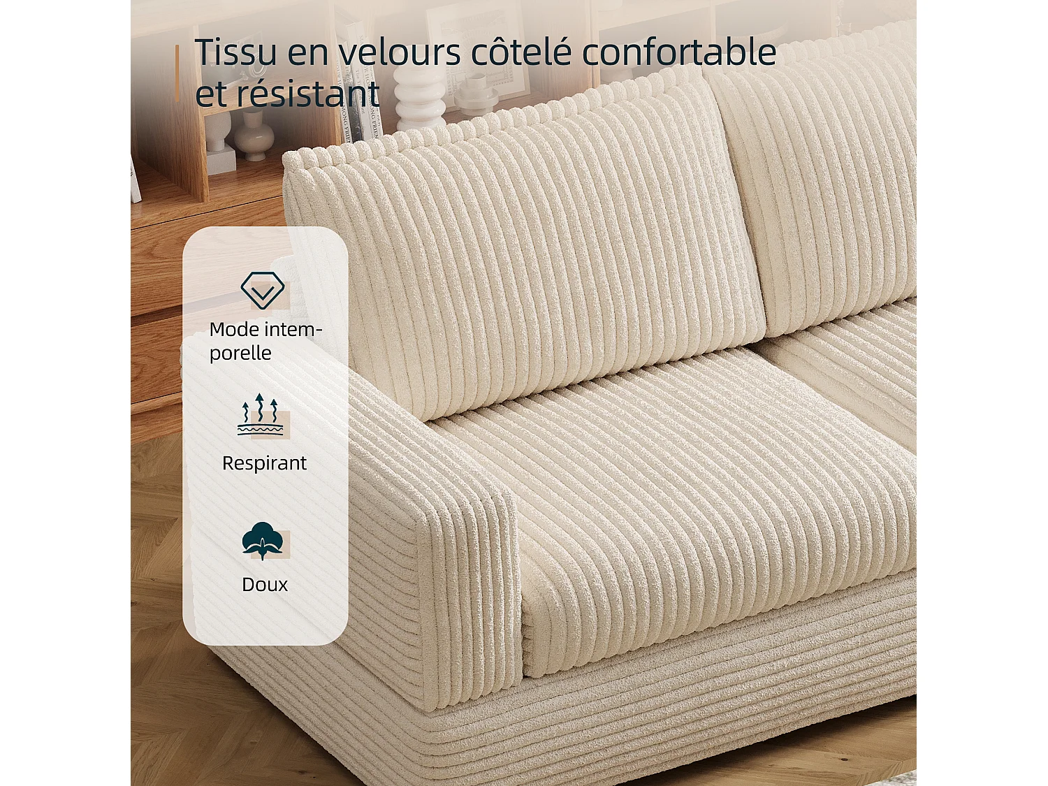 Canapé modulable 268 cm, canapé 3 places confortable avec assise profonde et rembourrage moelleux, canapé en velours côtelé pour salon, beige