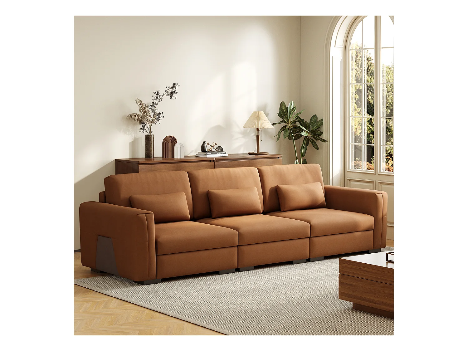 Grand canapé en simili cuir 276×98×90 cm, Canapé 3 places avec rembourrage doux et accoudoirs, nombreux coussins, canapé moderne pour salon et bureau