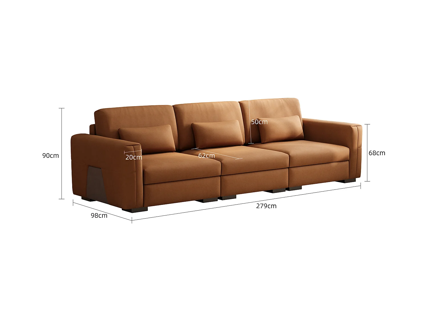 Grand canapé en simili cuir 276×98×90 cm, Canapé 3 places avec rembourrage doux et accoudoirs, nombreux coussins, canapé moderne pour salon et bureau
