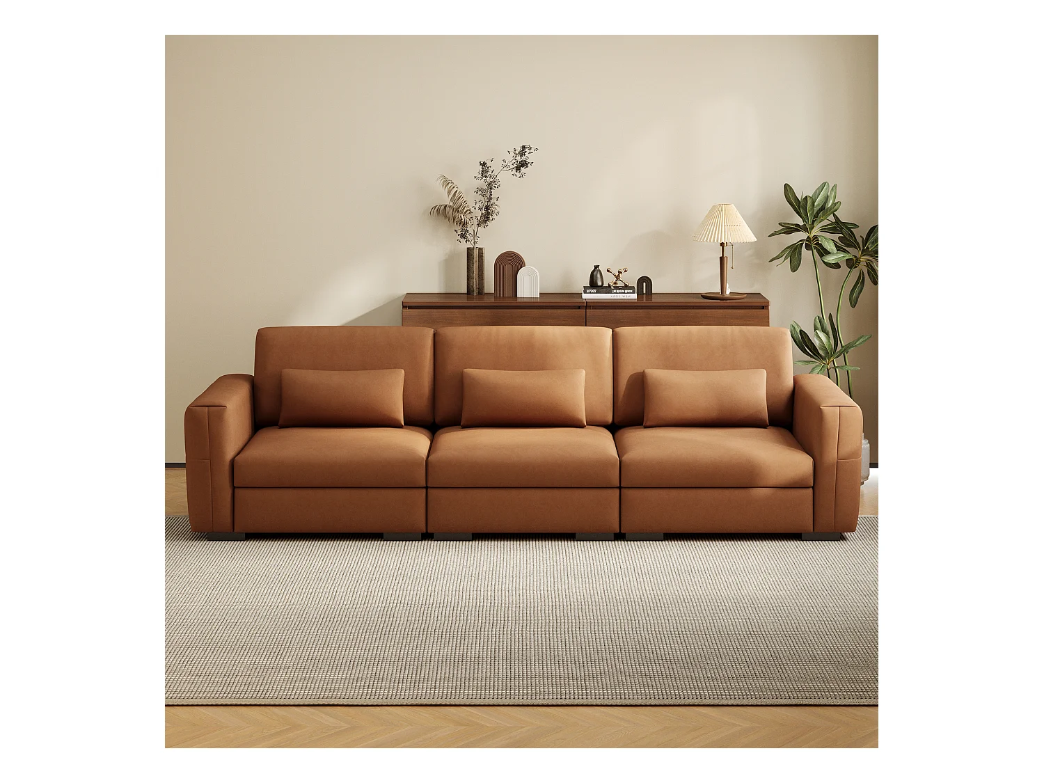 Grand canapé en simili cuir 276×98×90 cm, Canapé 3 places avec rembourrage doux et accoudoirs, nombreux coussins, canapé moderne pour salon et bureau