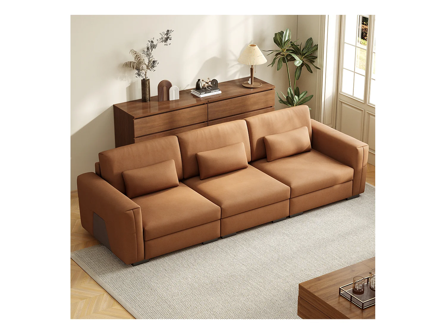 Grand canapé en simili cuir 276×98×90 cm, Canapé 3 places avec rembourrage doux et accoudoirs, nombreux coussins, canapé moderne pour salon et bureau