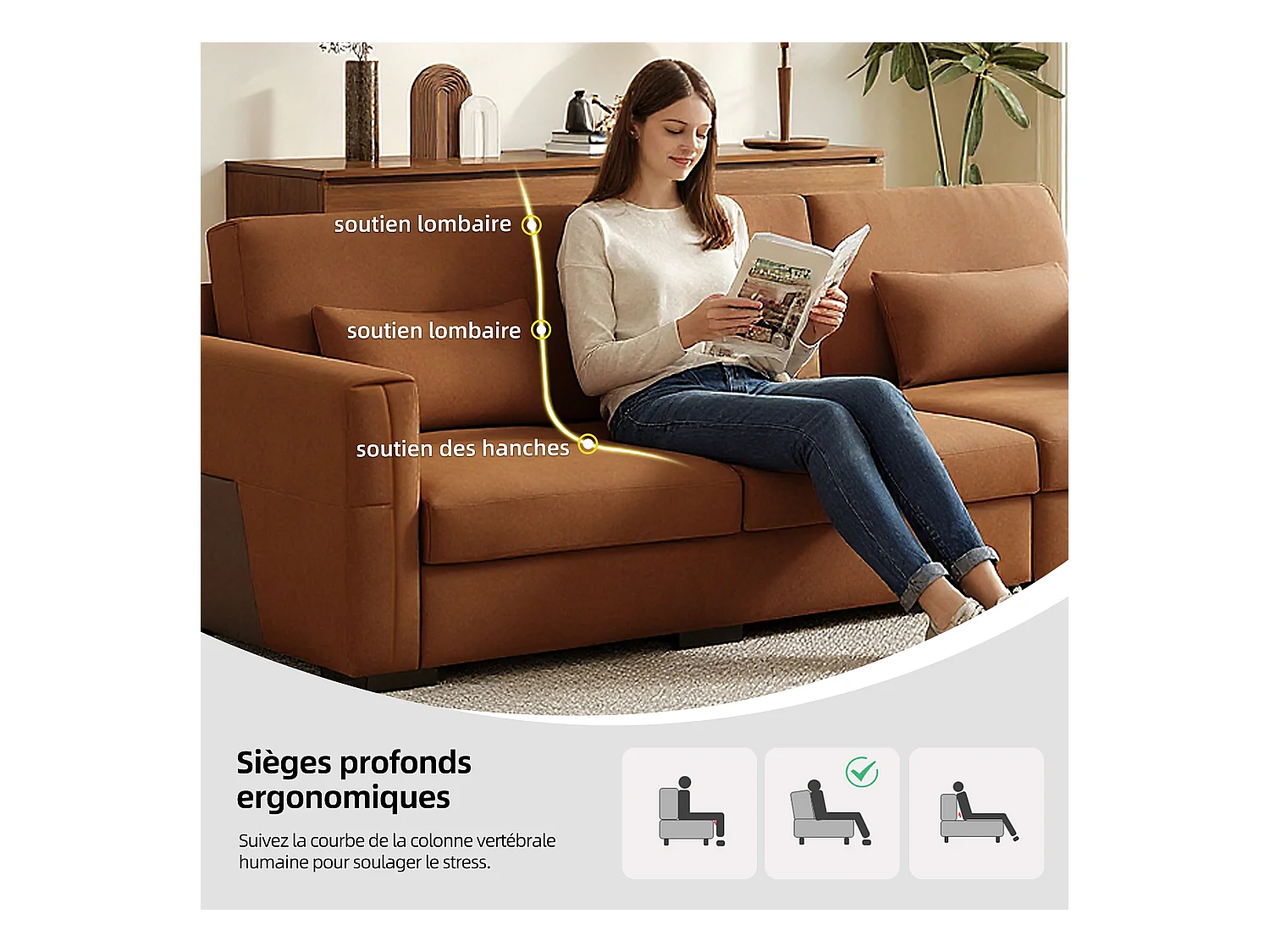 Grand canapé en simili cuir 276×98×90 cm, Canapé 3 places avec rembourrage doux et accoudoirs, nombreux coussins, canapé moderne pour salon et bureau