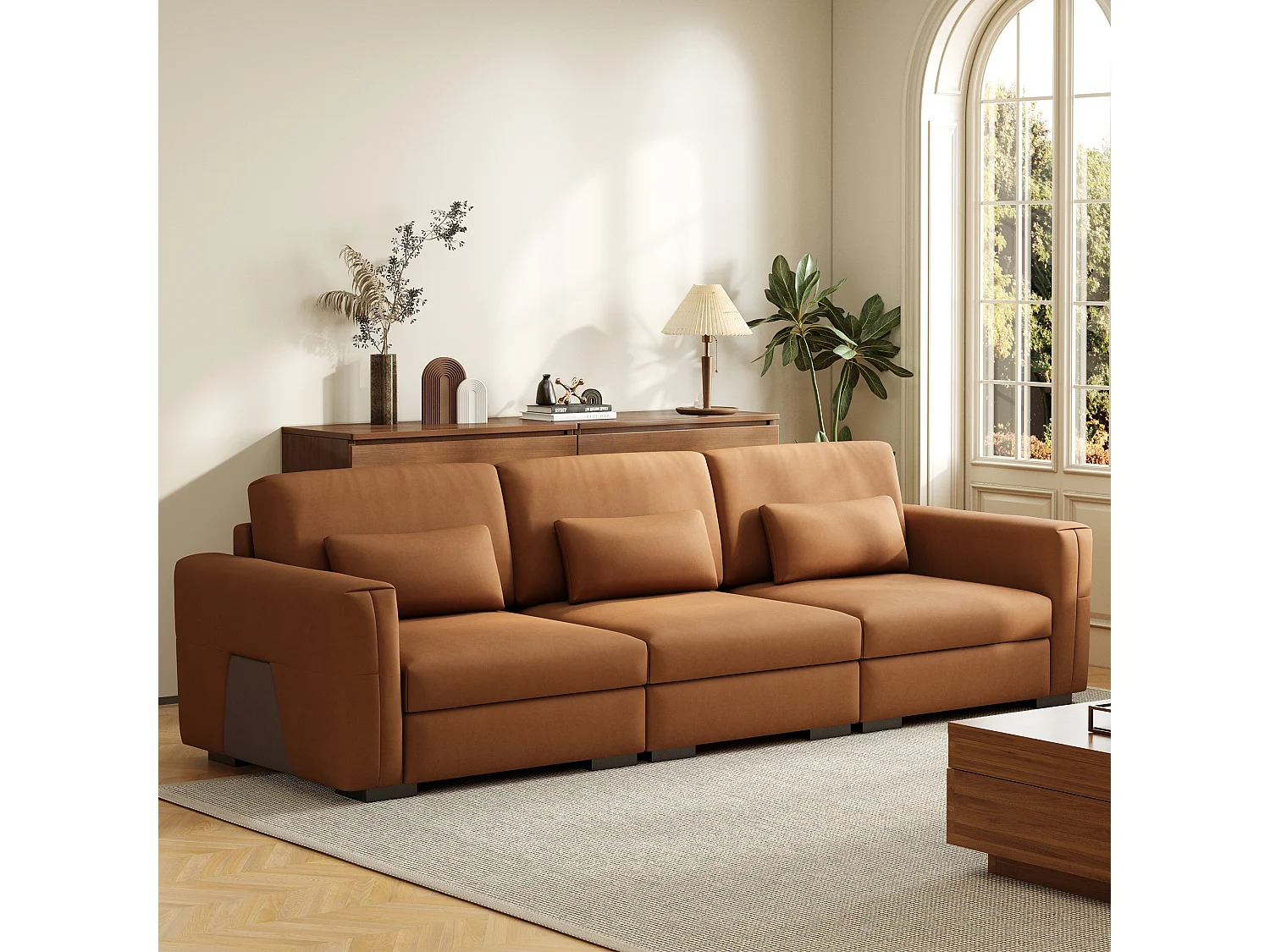 Grand canapé en simili cuir 276×98×90 cm, Canapé 3 places avec rembourrage doux et accoudoirs, nombreux coussins, canapé moderne pour salon et bureau