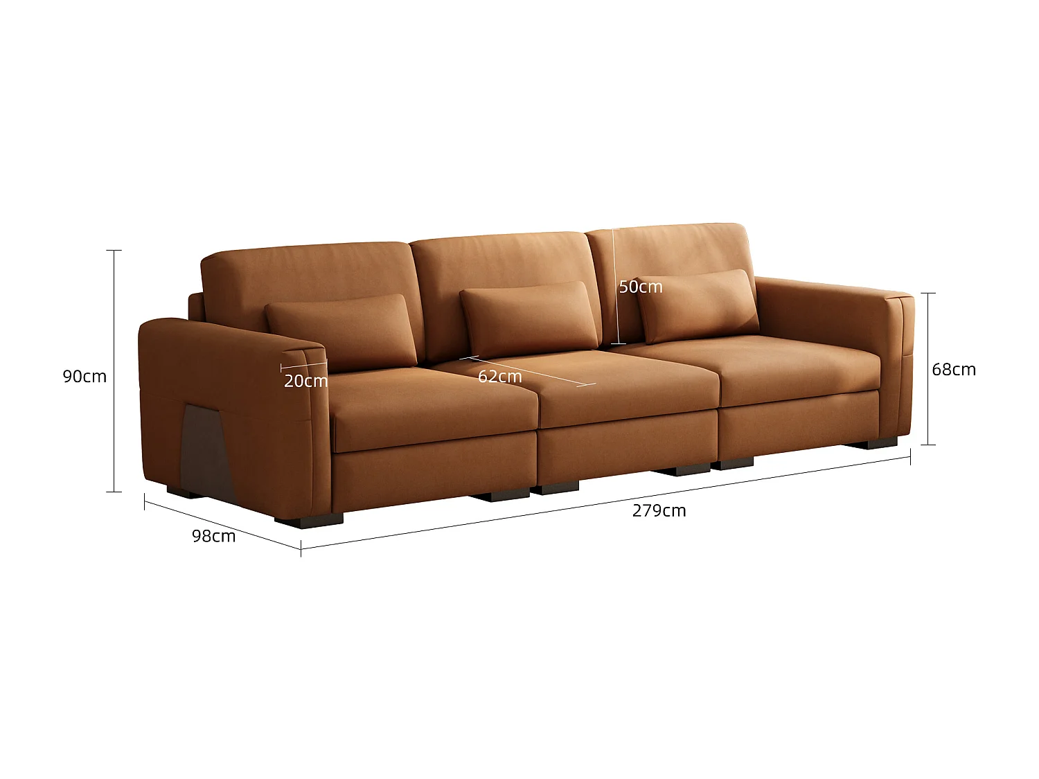 Grand canapé en simili cuir 276×98×90 cm, Canapé 3 places avec rembourrage doux et accoudoirs, nombreux coussins, canapé moderne pour salon et bureau